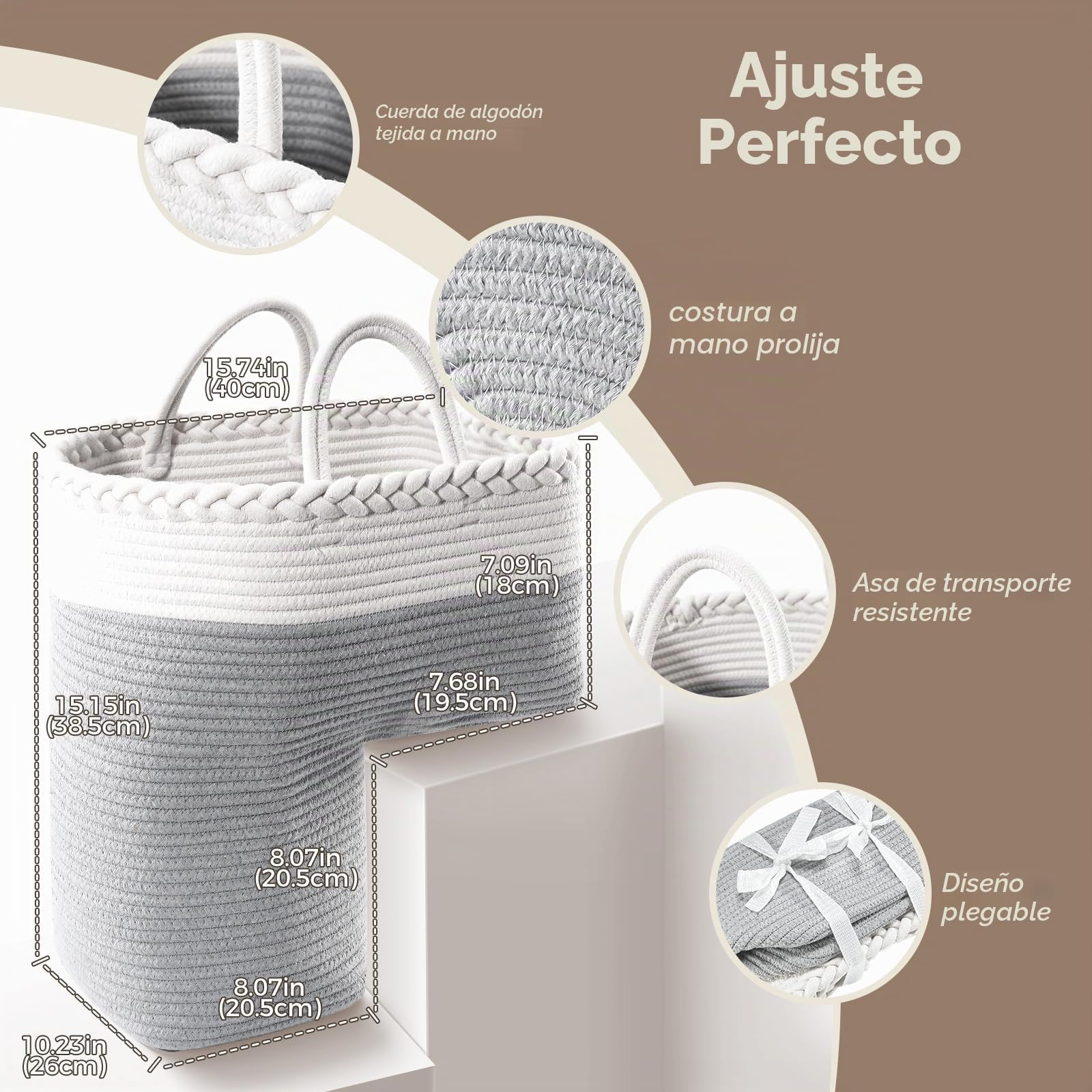 Puricon Cestas de Escalera, Cesta Plegable de Algodón de Almacenamiento con Asa Organizador de Escalera en Forma de L -Gris