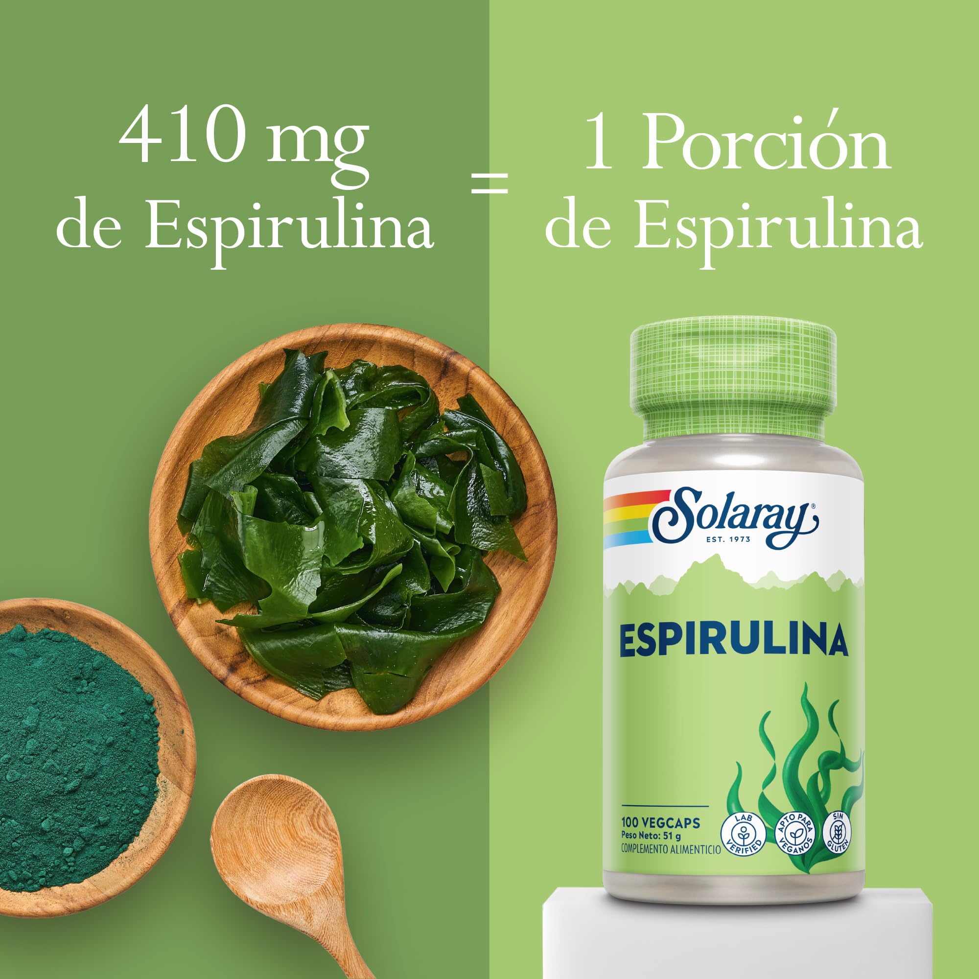 Algas espirulina – 100 cápsulas veganas, no tabletas ni polvo, suplemento de espirulina de alta resistencia con vitamina A añadida de 70 mcg, verificado en laboratorio Solaray