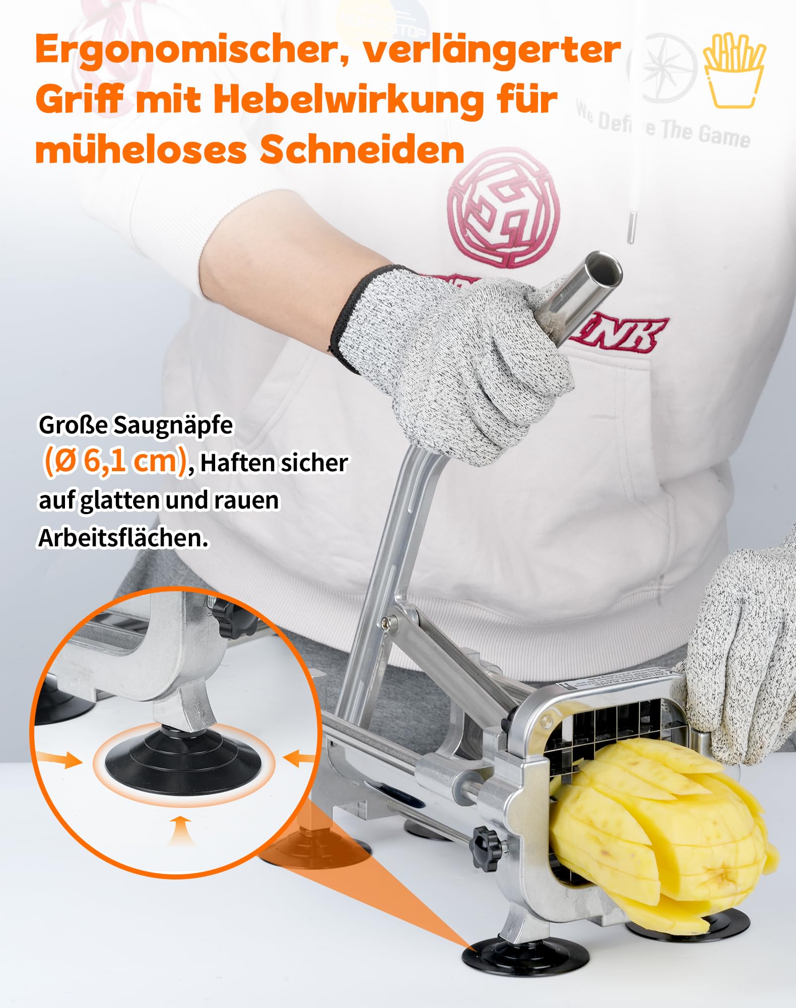 Professioneller Pommesschneider Edelstahl Kartoffelschneider mit 3 Klingen (6,5/9 / 13 mm), Pommespresse für Kartoffeln, Karotten & Gurken