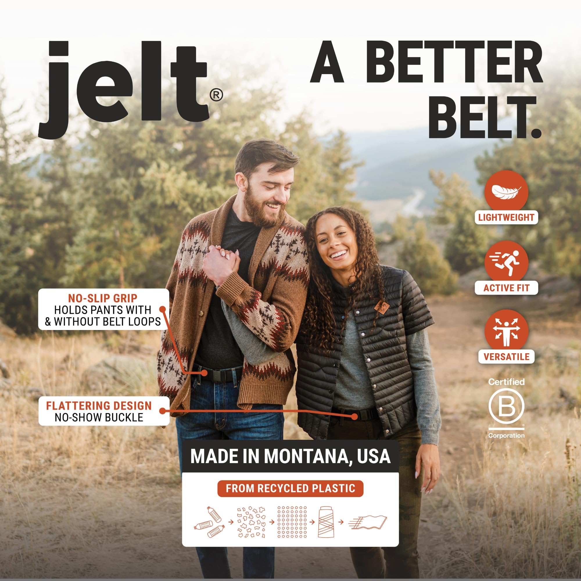 Jelt Venture Adjustable Elastic Stretch Belt Non-Slip for Men or Women Black