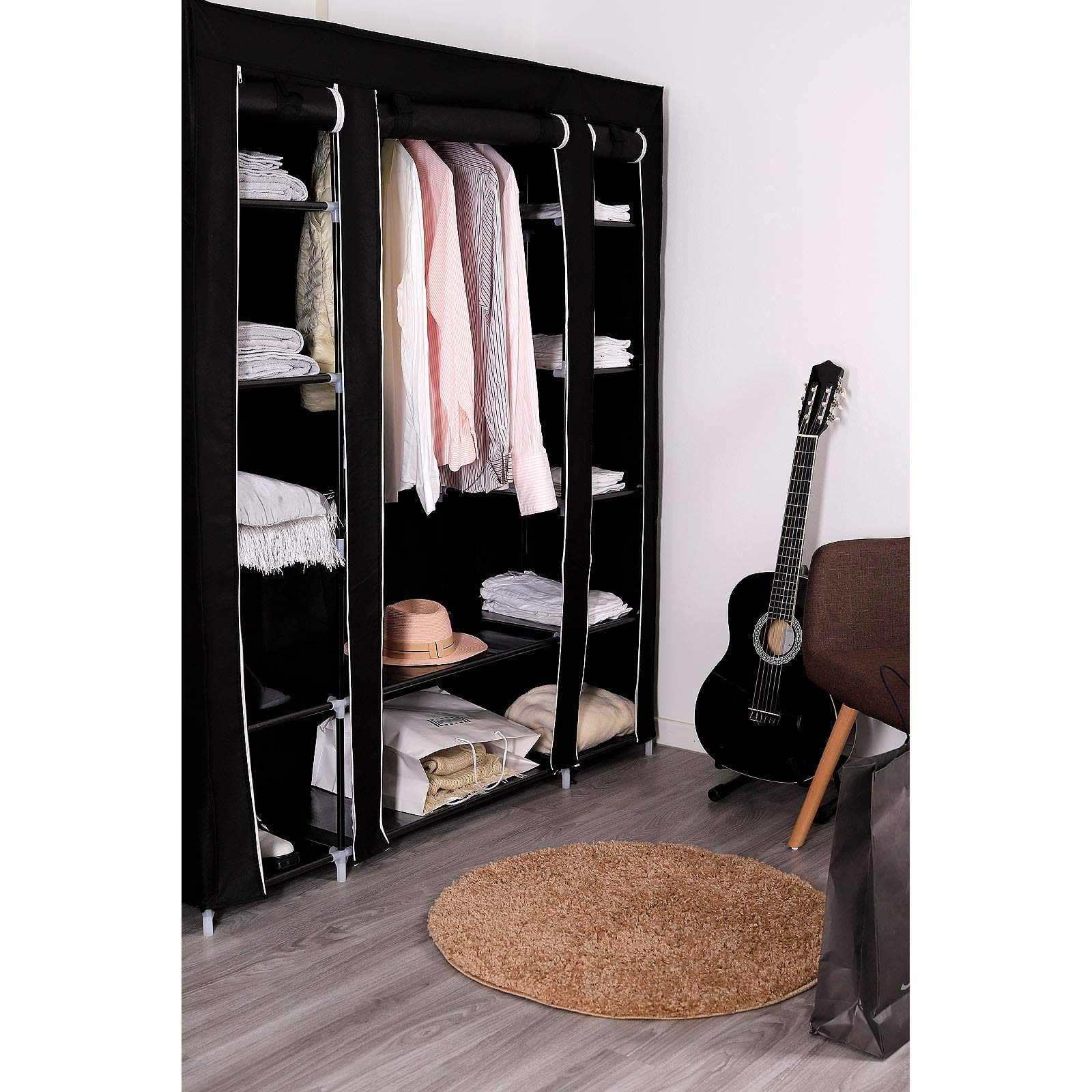 dibea Armoire en Tissu Pliable, 150x45x175 cm, penderie Textile Peu encombrante avec étagères, Respirante et Stable, Tige à vêtements, revêtement PP Facile à Nettoyer, Noir