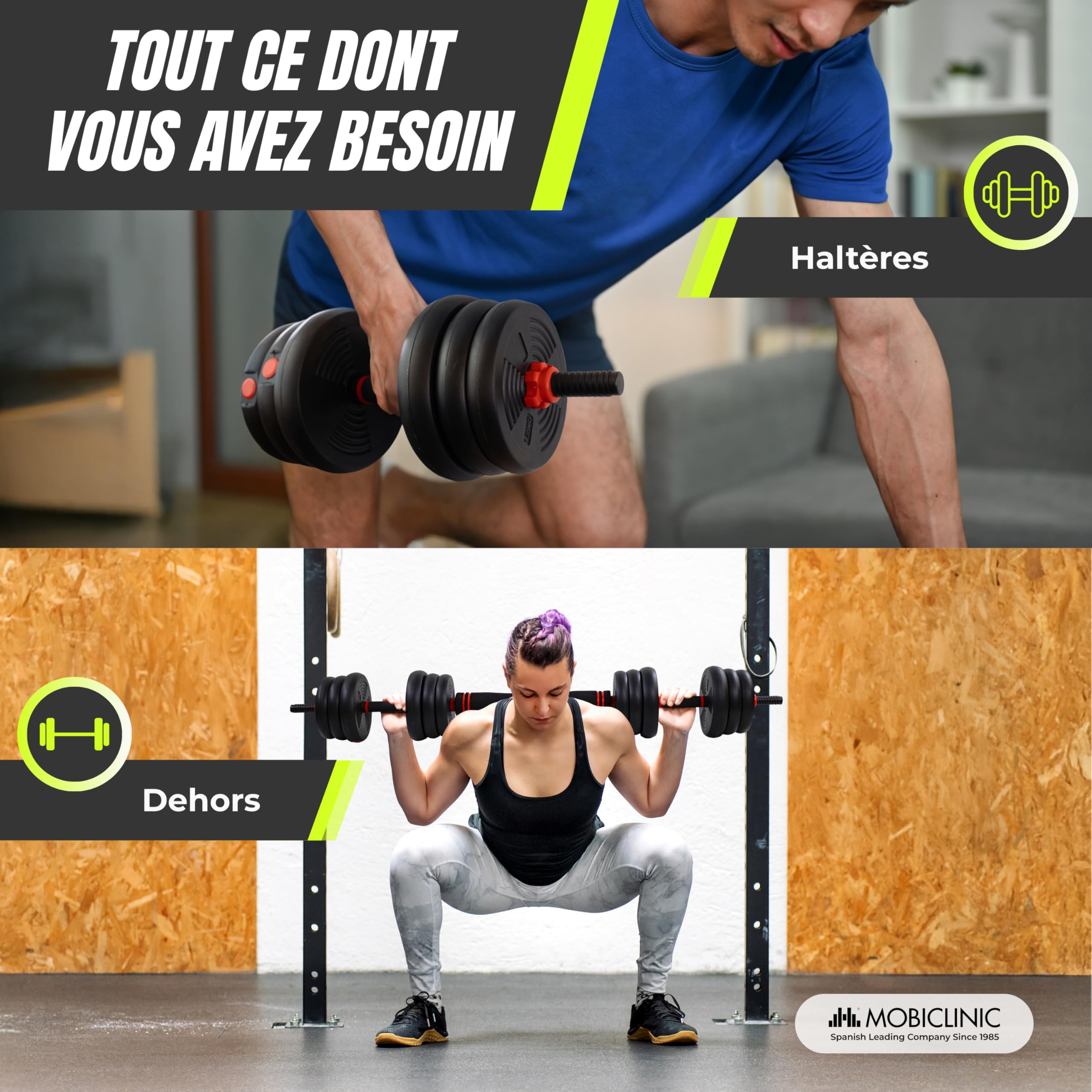 Mobiclinic®, Haltères Réglables 20 kg, 4 en 1, Ensemble de Poids, Haltères, Kettlebells et Support de Pompes, Barre de Connexion, Poignée Antidérapante, Mobimax, Gym à Domicile, Fitness