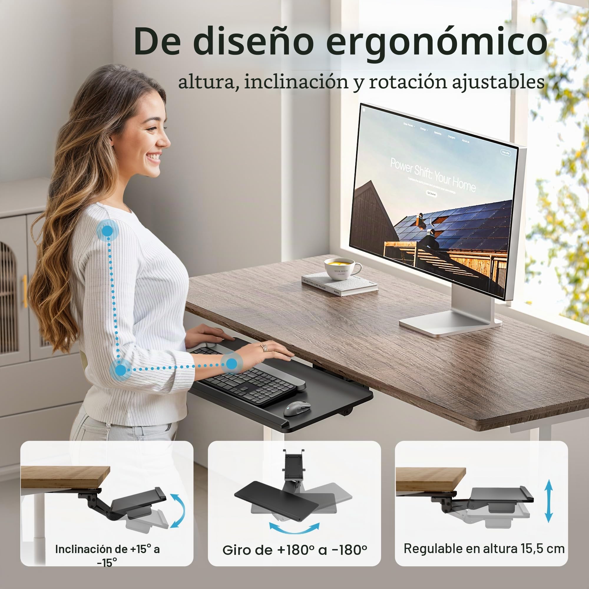 PEGZONE Bandeja para teclado debajo del escritorio con cajón de almacenamiento, gran 635 x 270 mm, ergonómico de altura ajustable, bandeja de teclado giratoria e inclinable para oficina, hogar