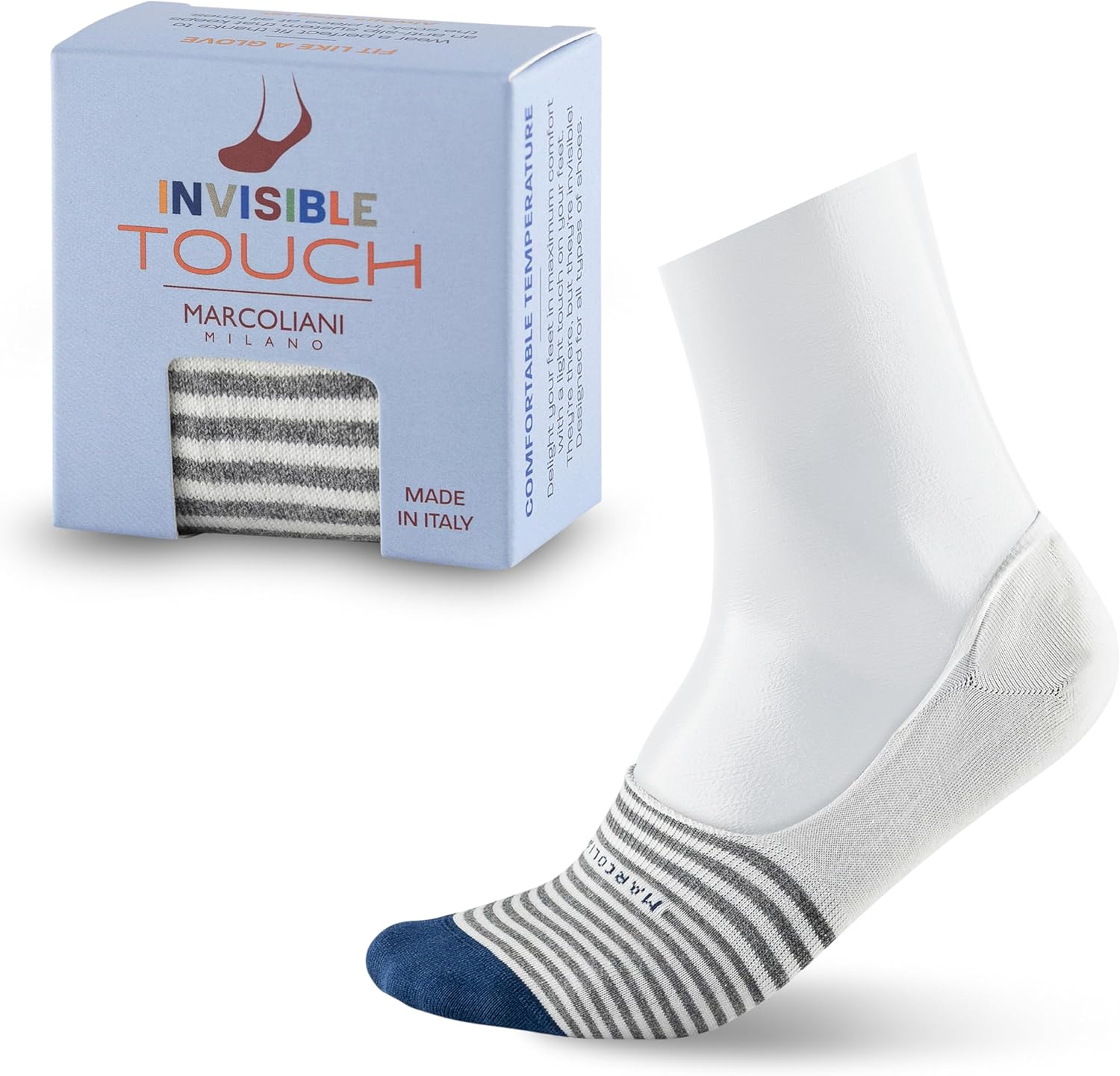 MARCOLIANI Milano Made in Italy - No Show Socks for Men - Always Stay Up | Essence of Cotton Palio Stripe Invisible Touch