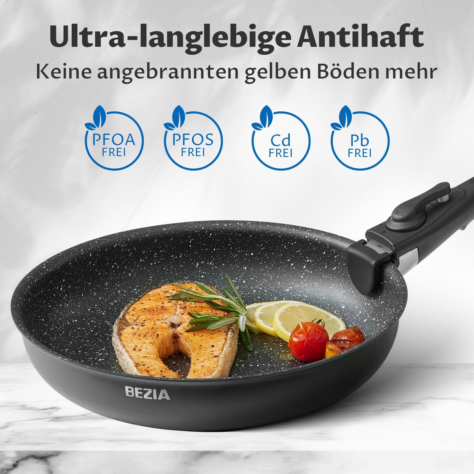 BEZIA Topfset mit Abnehmbarem Griff, 10-tlg Töpfe & Pfannen Set für Camping | Stapelbares Topf- & Pfannenset für kompakte Küchen, alle Herde inkl. Induktion, PFAS-freies Kochgeschirr, Ofenfest bis 230°C