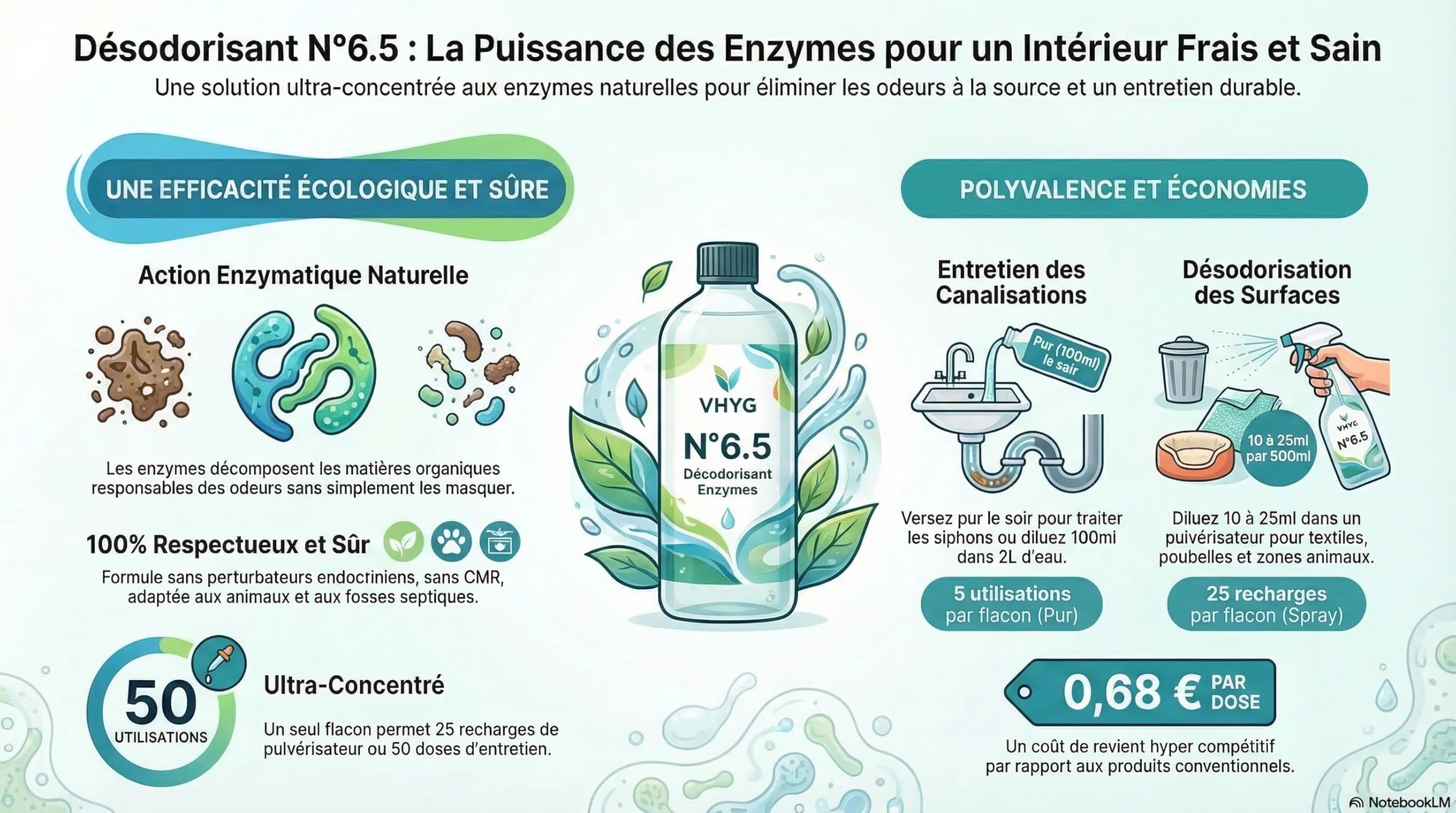 N°6.5 Canalisations Enzymatique Concentré – Odeurs Égout 50 Doses | 0,55€/dose, 1 à 2 ans d'autonomie, sans CMR ni perturbateurs endocriniens, sain pour animaux, Qualité Pro, fabriqué en France