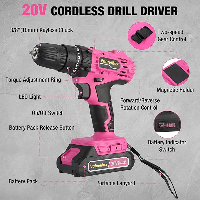 Taladro Inalámbrico ValueMax 20V Rosa con Batería y Cargador miniatura 5