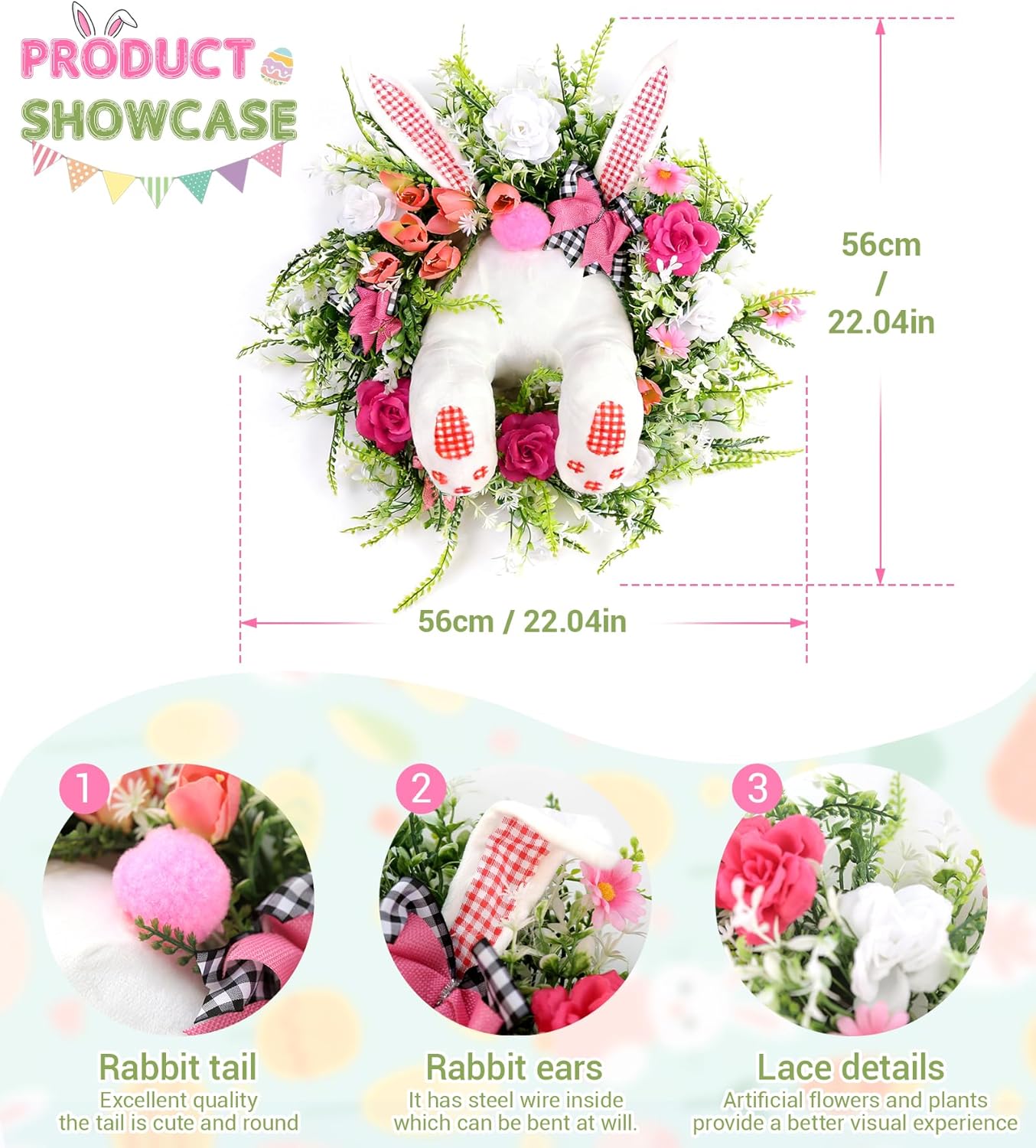 Easter Bunny Butt Wreath, Spring Door Decoration Kit, Colorful Ribbon and Floral Design, 18 x 15.8 Inches, Indoor Outdoor Welcome Sign - Image 7