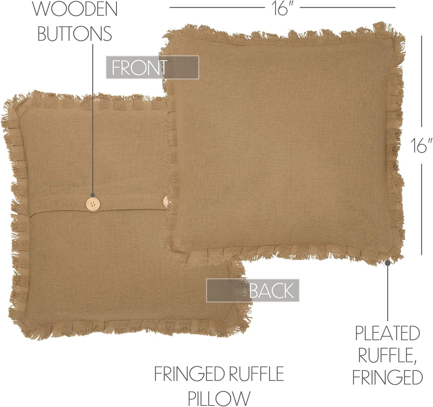 VHC Brands Burlap Solid Color Cotton Farmhouse Bedding Square 16x16 Filled Pillow, 1 Count (Pack of 1), Natural Tan