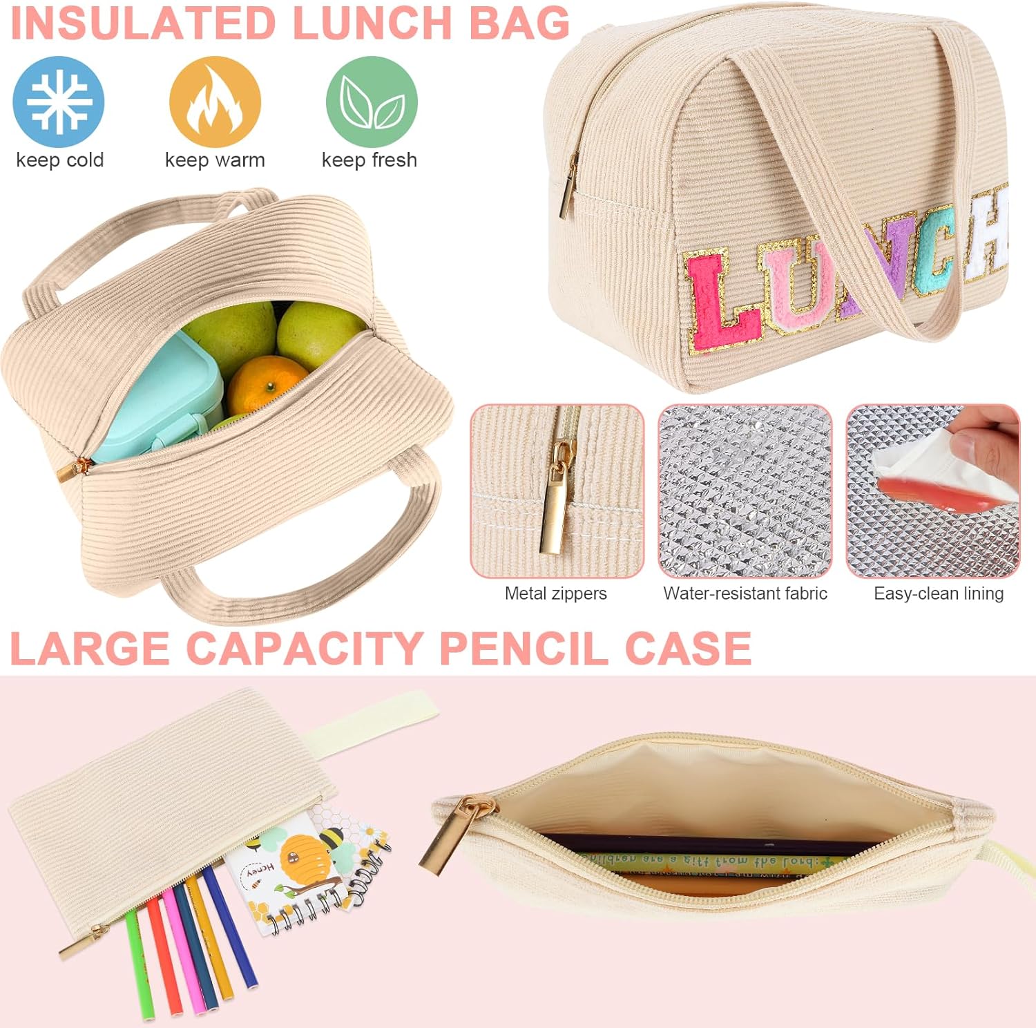 Kolewo4ever 3 Pieces Corduroy School Backpack Set Preppy Book Corduroy Chenille Letter Bookbag with Lunch Bag and Pencil Pouch for Teen Girls Women Laptop Backpack College Bookbags - Image 5