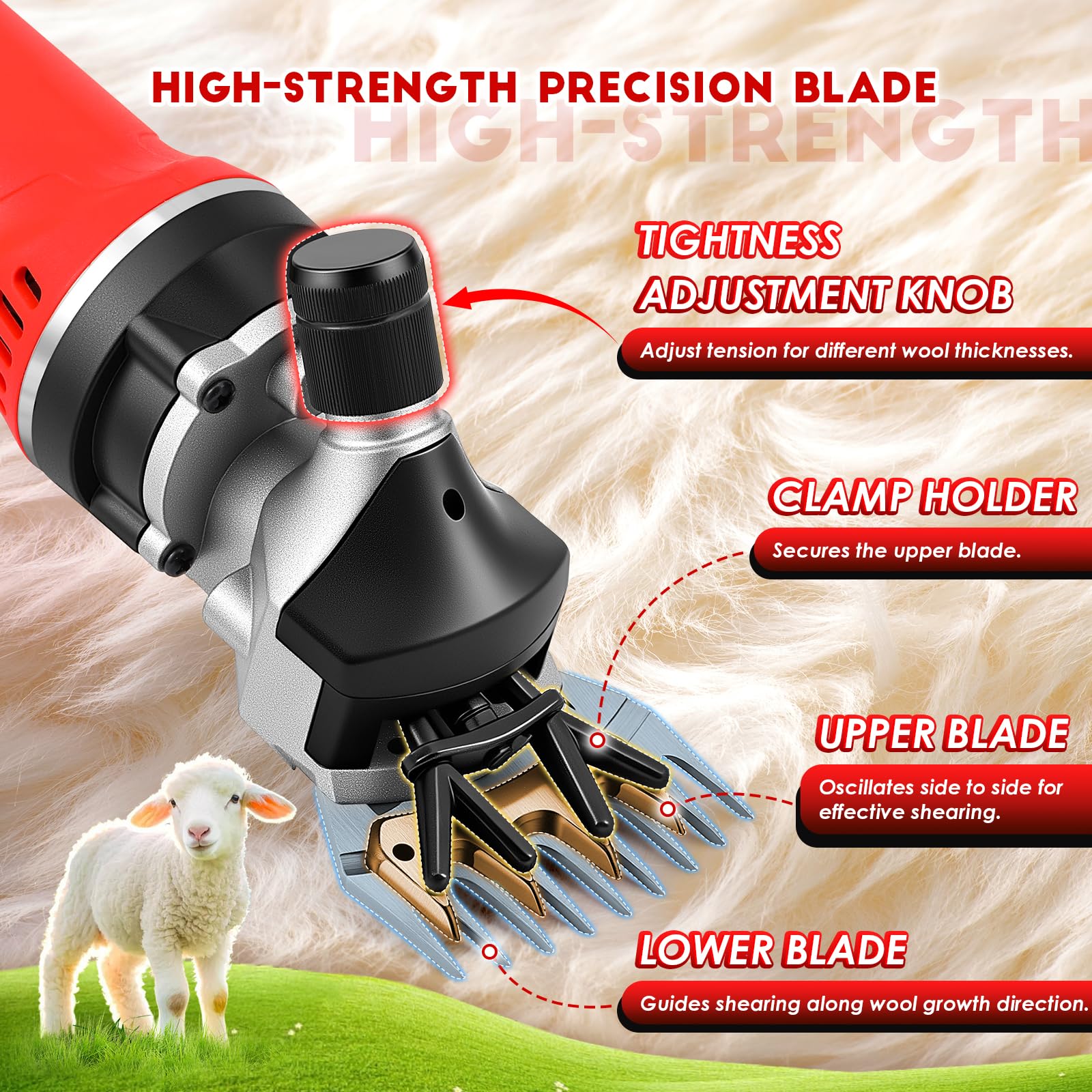 CGOLDENWALL 1000W Máquina Esquilar para Ovejas Eléctricas, Motor Alto Rendimiento 3700RPM, Regulación Velocidad 6 Marchas, Cuchilla 13 Dientes para Ovejas, Cabras, Alpacas, Ganado Pelaje Grueso (Rojo)