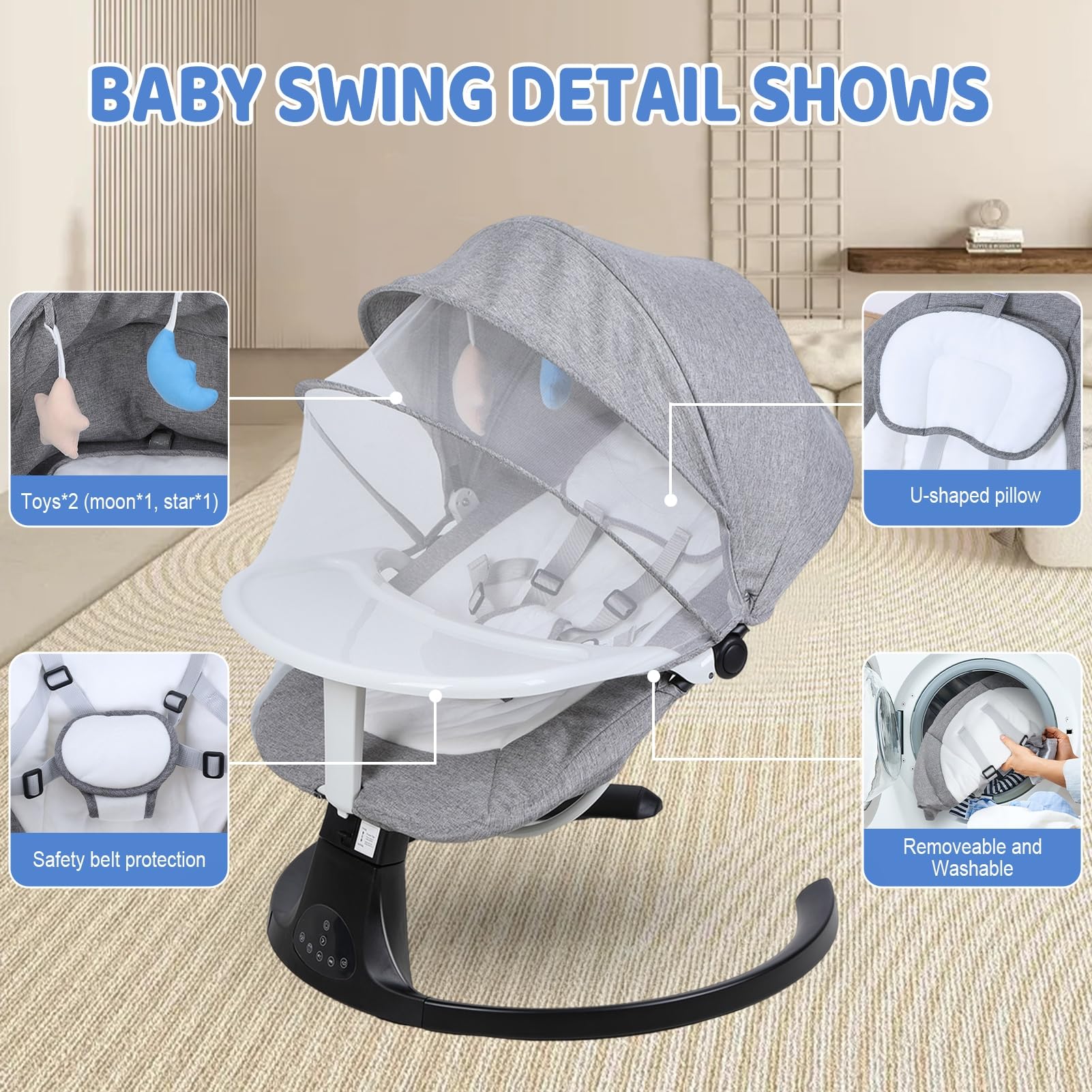 Transat Bébé Évolutif Balancelle Électrique avec Bluetooth/Télécommande - Harnais 5 Points, Mouvement Up-Down, Pare-Soleil et Alimentation Piles/Secteur - Transat Balancelle Bébé 0-24