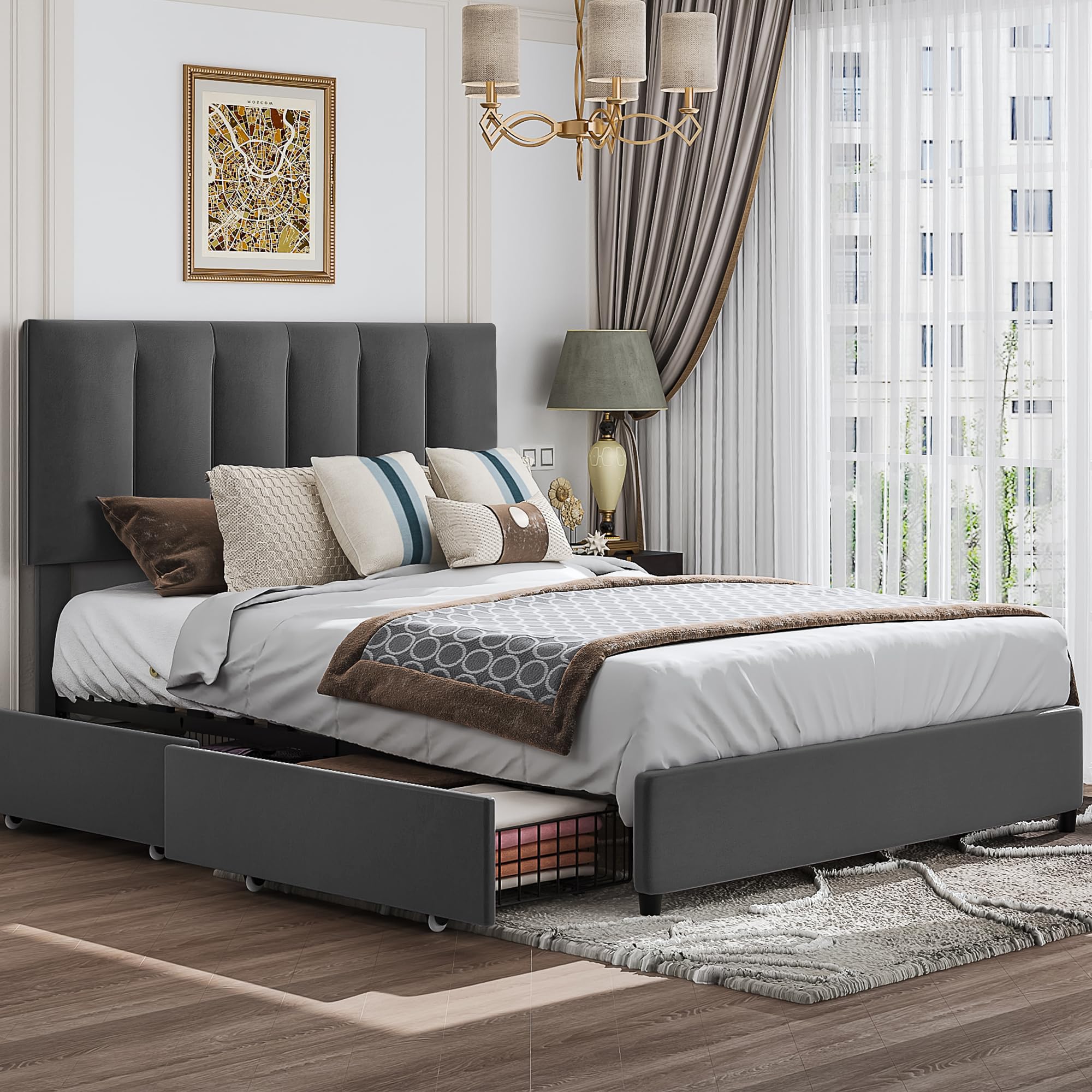 VECELO 4ft6 Double Bed Frame with 4 Storage Drawers, 135×190 cm Upholstered Platform with Adjustable Velvet Headboard, Wood Slat Support, No Box Spring Needed