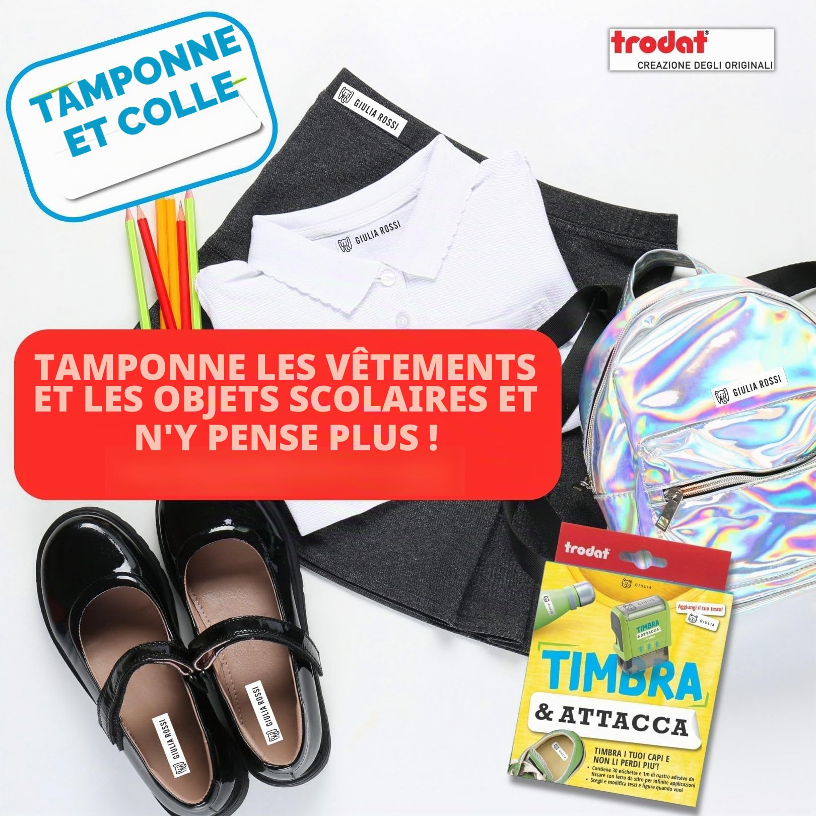 Trodat Tampon et Attache, Tampon Vêtements pour enfants pour la maternelle pour créer des étiquettes autocollantes personnalisées, pour ensemble de maternelle, tampon, polices, pincettes, ruban