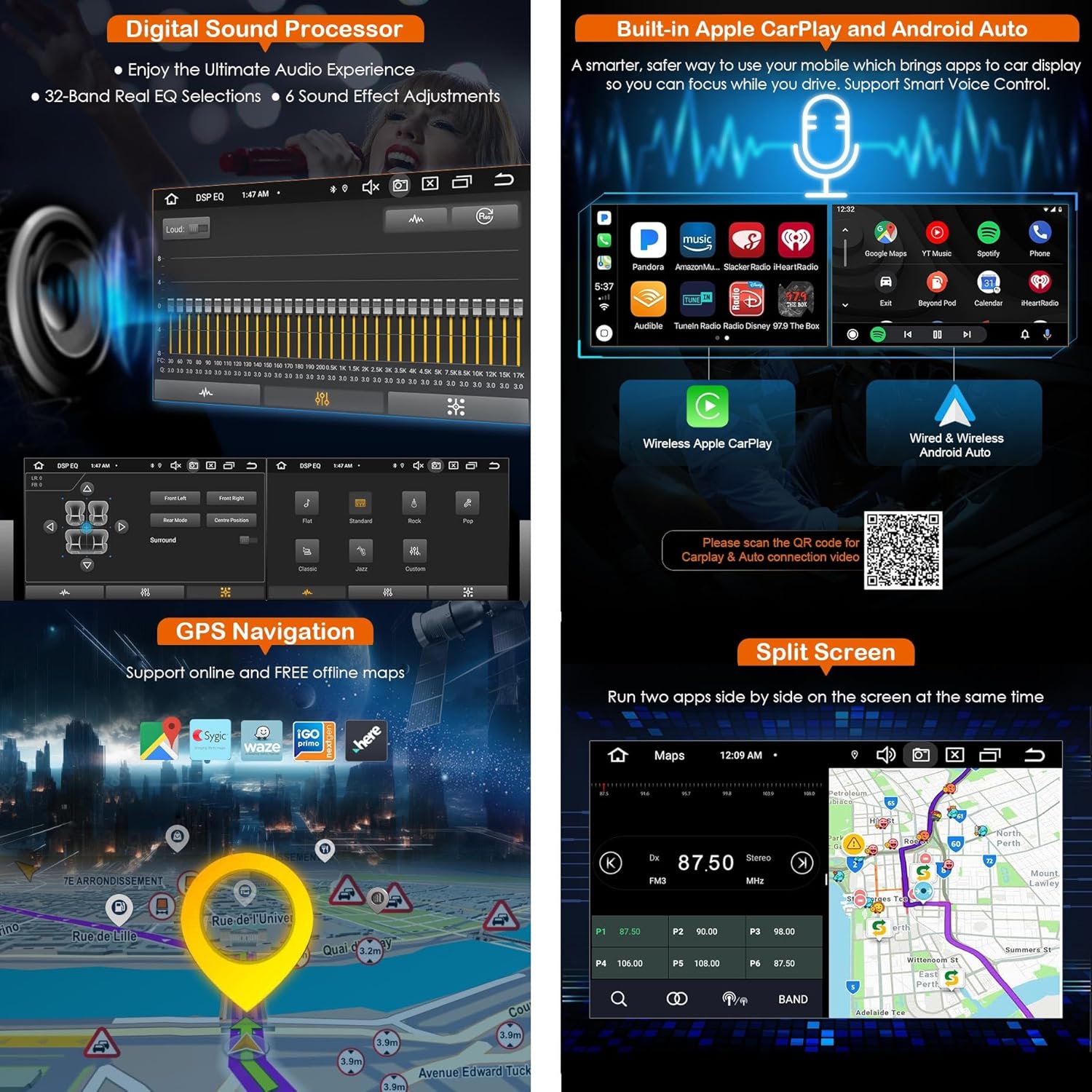 Main menu interface of the Android 14 car multimedia system showing various applications
