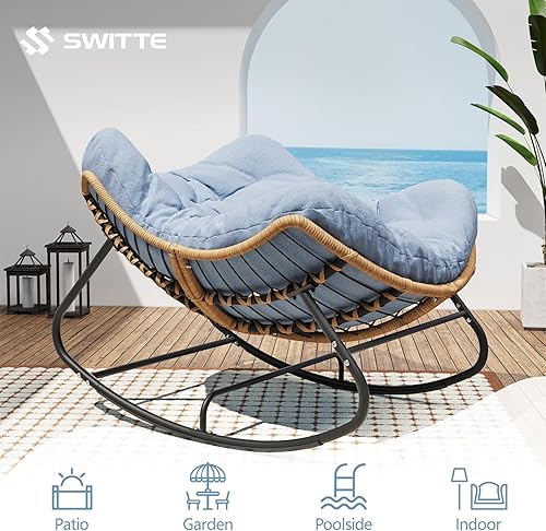 Vista 36 de SWITTE Mecedora para exteriores, de gran tamaño, para patio, cómoda sala de lectura de mimbre, silla de huevo interior para dormitorio, sala de Gris