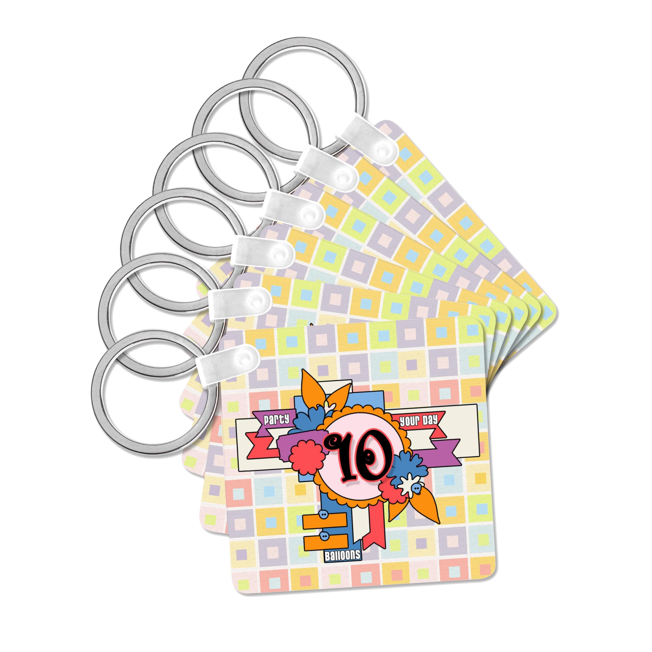 3dRose, Children Tenth Birthday in Checkered Pastel Print and Scrapbook Style, set of 6 Key Chains