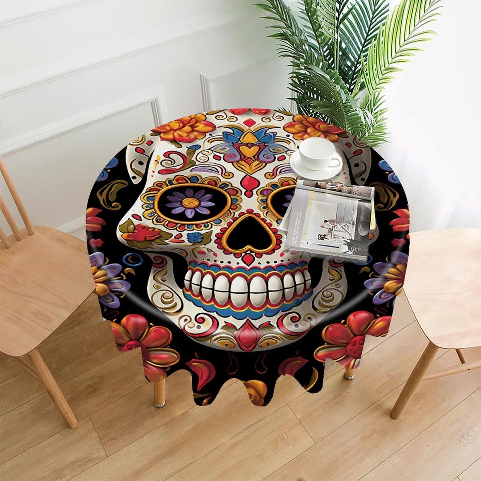VstaDank Sugar Skulls Tablecloth Easy to Clean Polyester Round Table Cover Washable Round Table Cloth Wrinkle-Free Circle Decoration Tablecloth for Kitchen Dining Room 60"