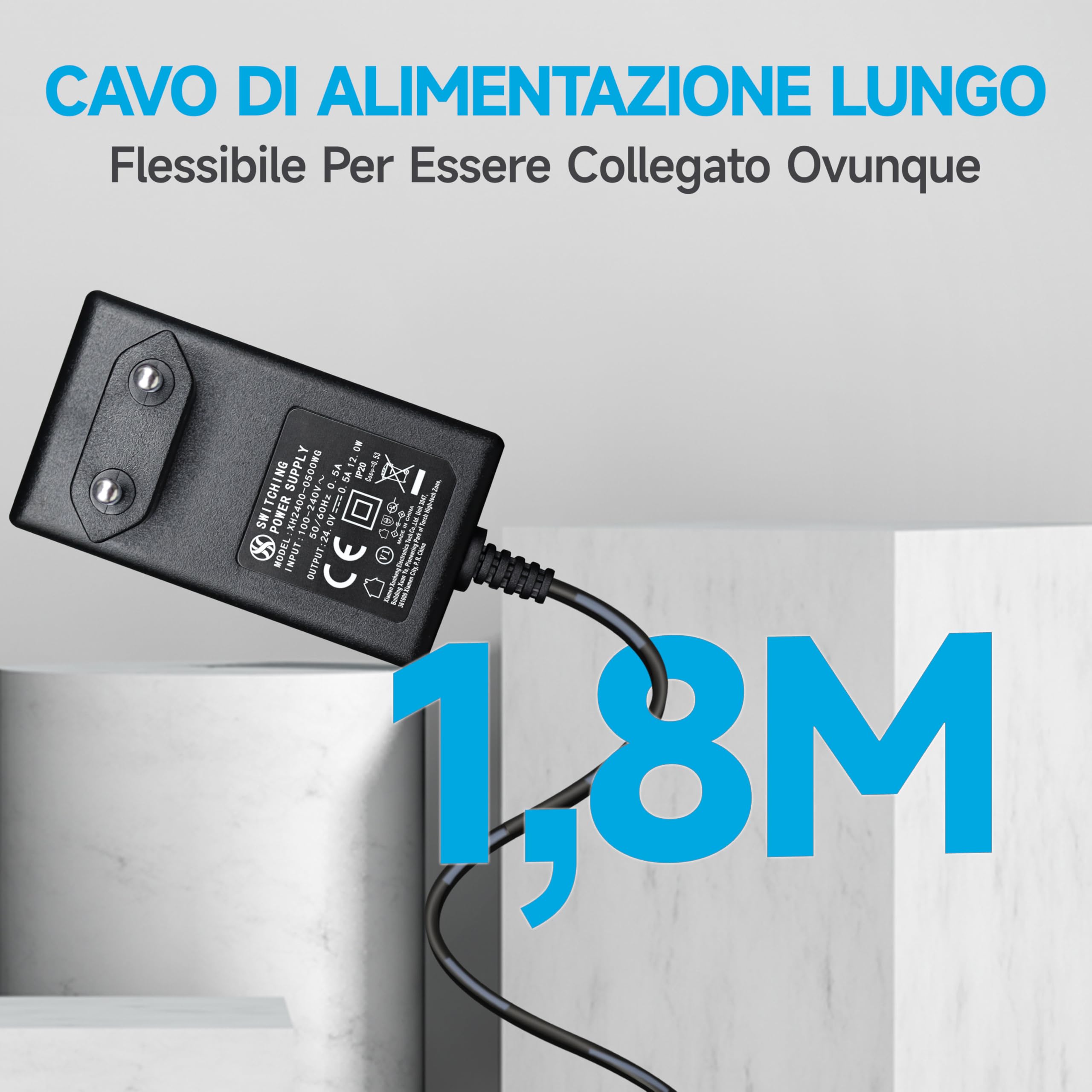 Alimentatore Universale 24V 0.5A Con Chip Di Protezione – Spina DC 5.5x2.1 Mm, Cavo 1.2m, Compatibile Con Diffusori, Router, Strisce LED, Altoparlanti