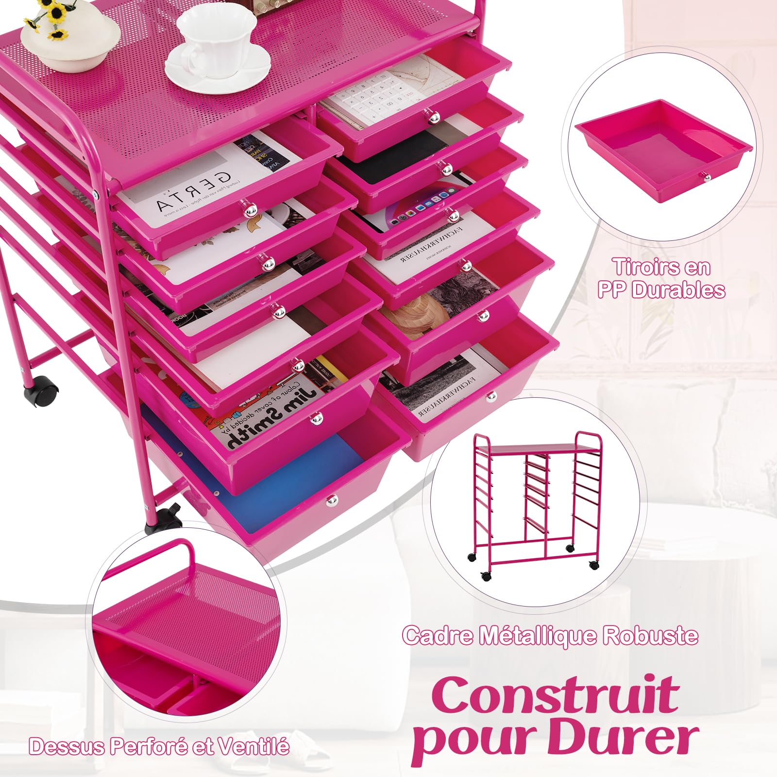 GOPLUS Chariot de Rangement 12 Tiroirs, Tour de Rangement à roulettes, Cadre en Acier, pour Chambre, Bureau, 64 x 38 x 75 CM (Rose) (Rose)