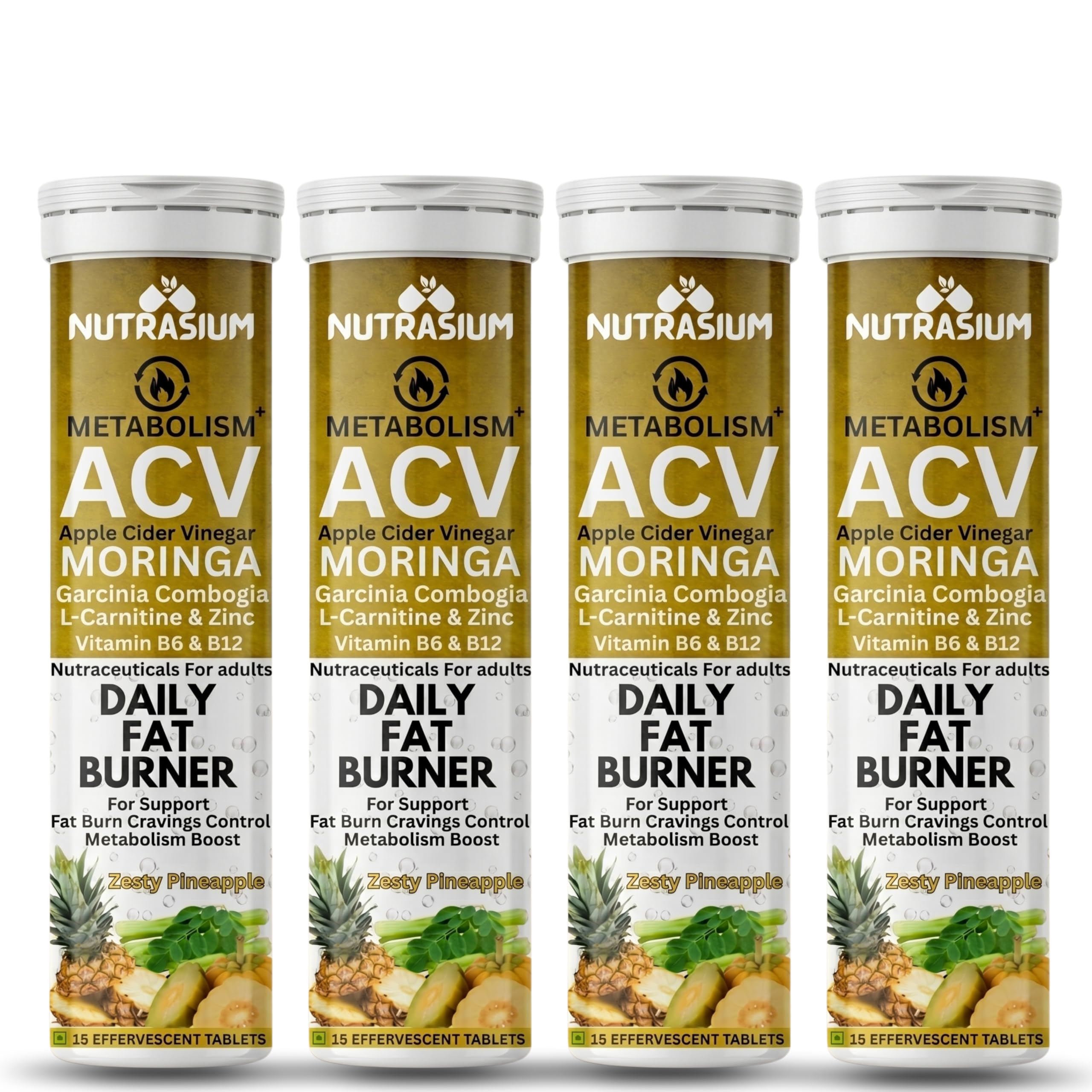 Nutrasium ACV Moringa Metabolism Plus | Apple Cider Vinegar Effervescent Tablet | Added L-Carnitine & Garcinia Combogia Extract | For Supports Weight Loss, Control Cravings, Convert Fat Into Energy, Boost Energy & Immunity | 60 Tablets Pineapple