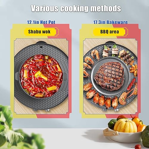 Miniatura 3 de Sartén eléctrica 2 en 1 para parrilla y olla caliente con clips gratis, cepillos, cucharón de sopa y colador, 2200 W, control de temperatura dual