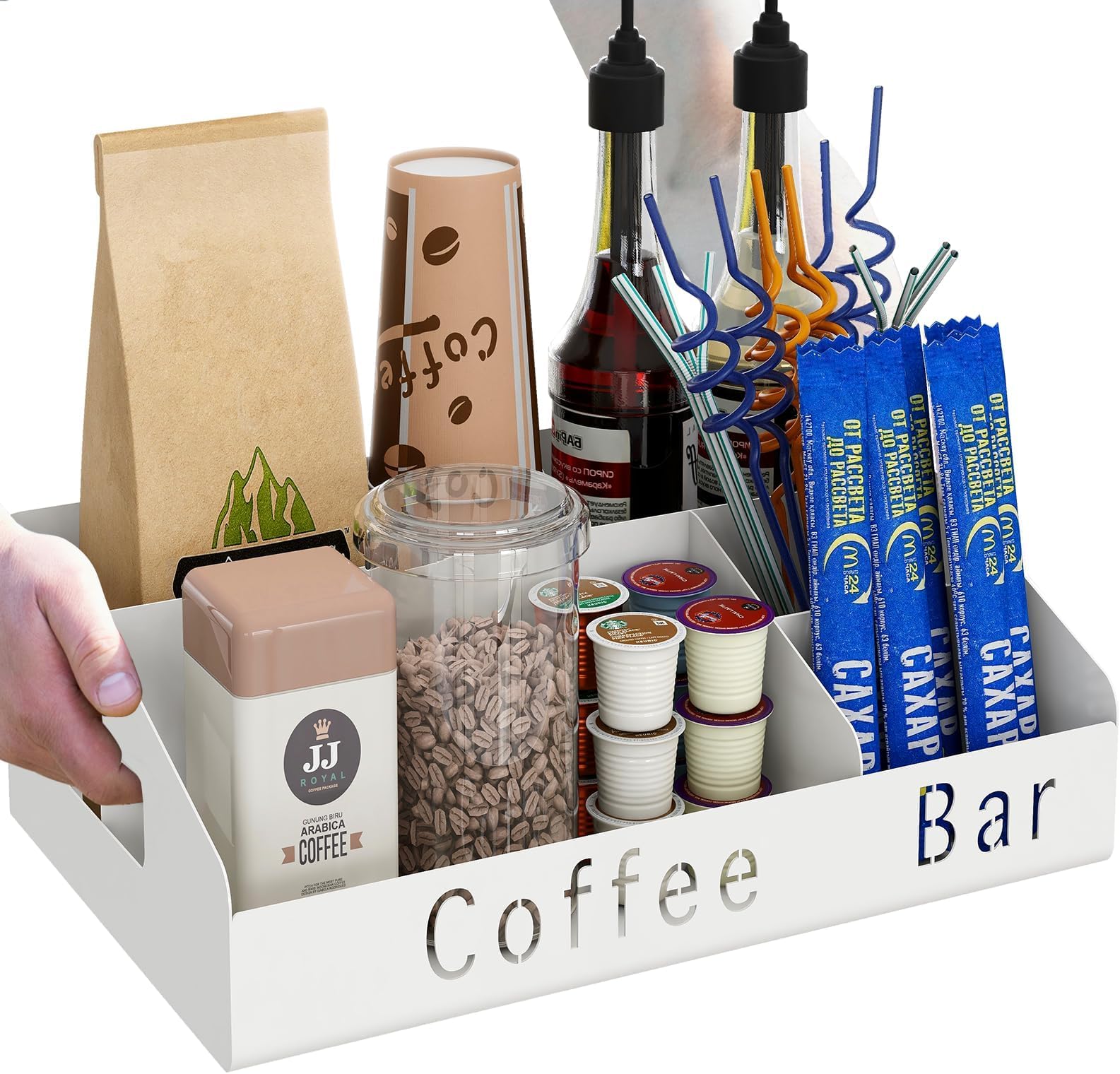 GypieCoffee Station Organizer, Metal Coffee Bar Accessories Organizer for Countertop, Bar Caddy Tea Bag Holder with 4 Compartments for K Cup, Coffee Pods, Syrup, and Tea Bag Storage (White)