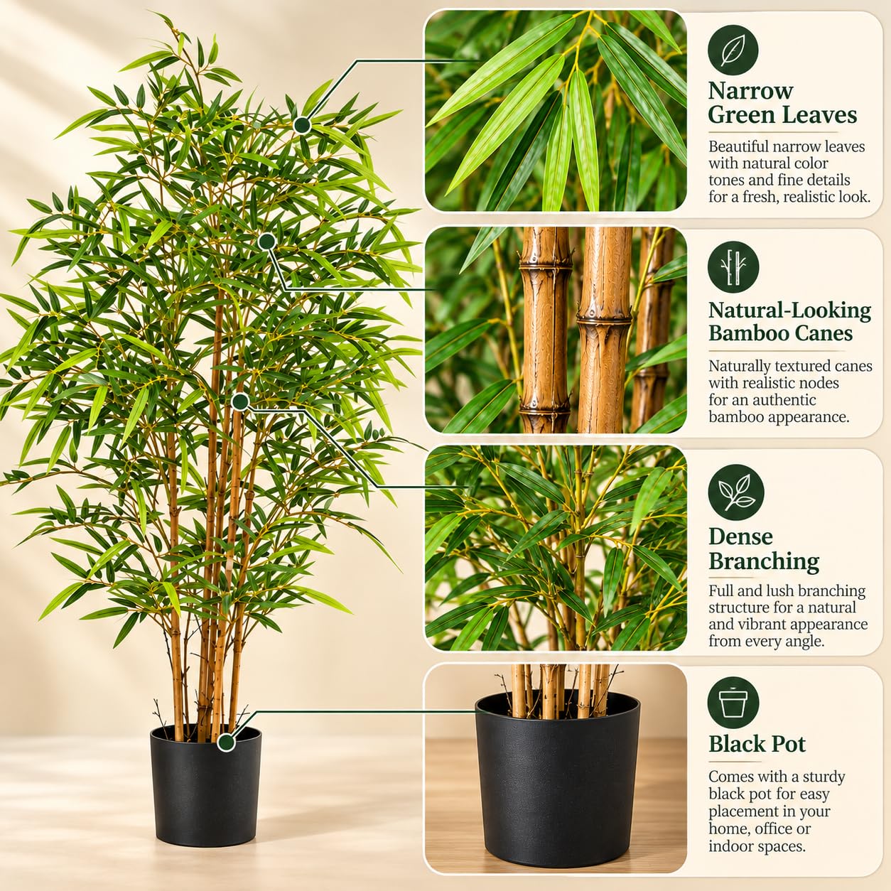 Arick Decor Bamboo Plant - 4ft Faux Tree with Pot -7