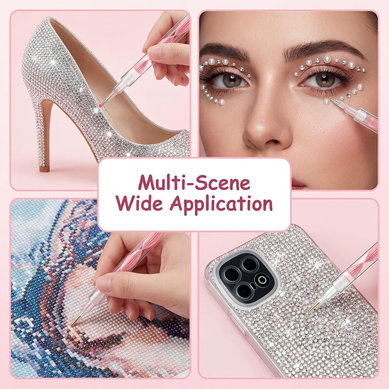 16Pcs Diamond Art Pens Tools Set, Double-Headed Rhinestone Picker | with 2Pcs Rhinestone Pen, 12Pcs Replacement Pen Tips, Clay Rhinestones Storage Box, for Nail Art, Pink