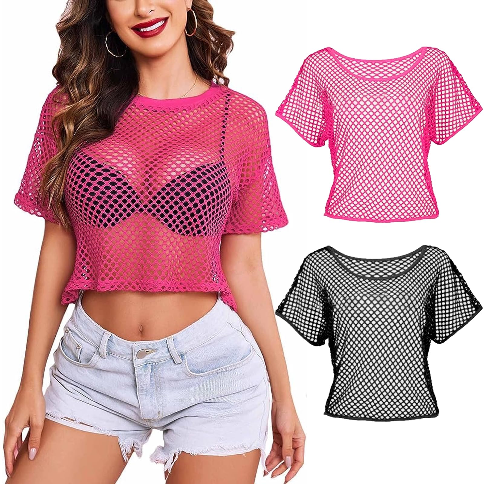 DAVBNM 2PCS 80s Neon Fishnet Top, Mesh T-Shirt for Women Girls 1980s Neon Fancy Dress Disco Costume - Image 2