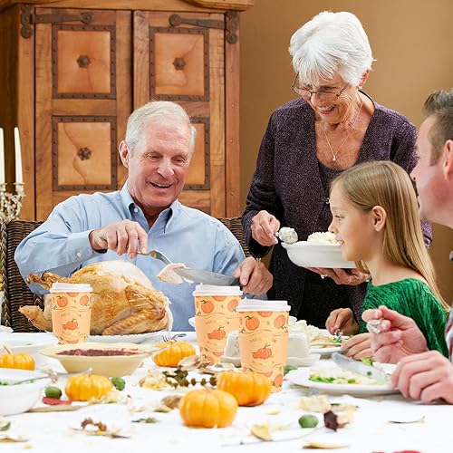 Miniatura 6 de Paquete de 48 tazas de café desechables de otoño de 16 onzas con tapas y fundas de calabaza de otoño para llevar, tazas de café de papel, tazas para
