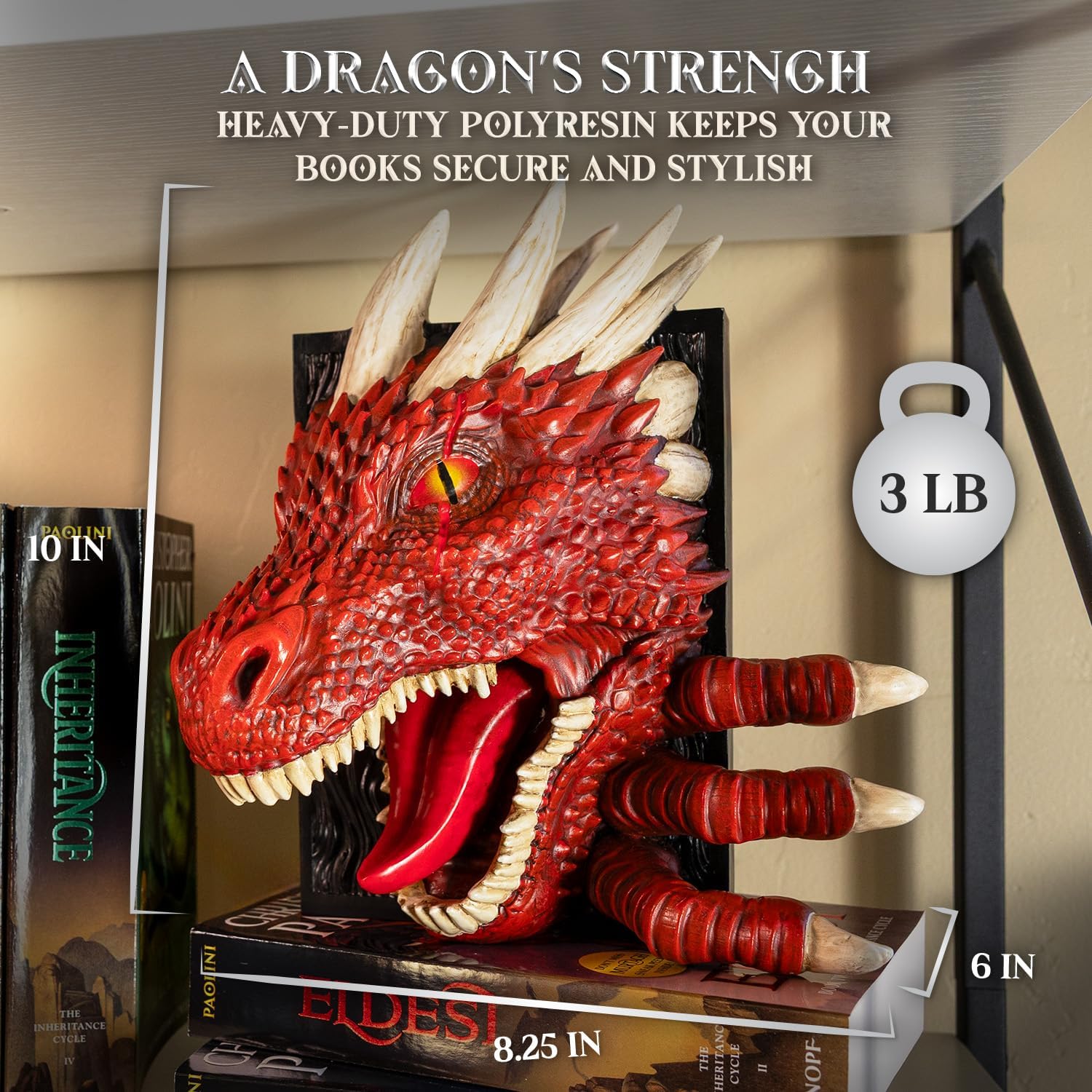 Dragon Bookend | Pops Off Your Shelf | Solid Build | Use Between Books or on a Bookshelf End or Book Nook | Fantasy Dragon Decor | Gothic Medieval Shelves Booknook Bookends (Crimson Red)