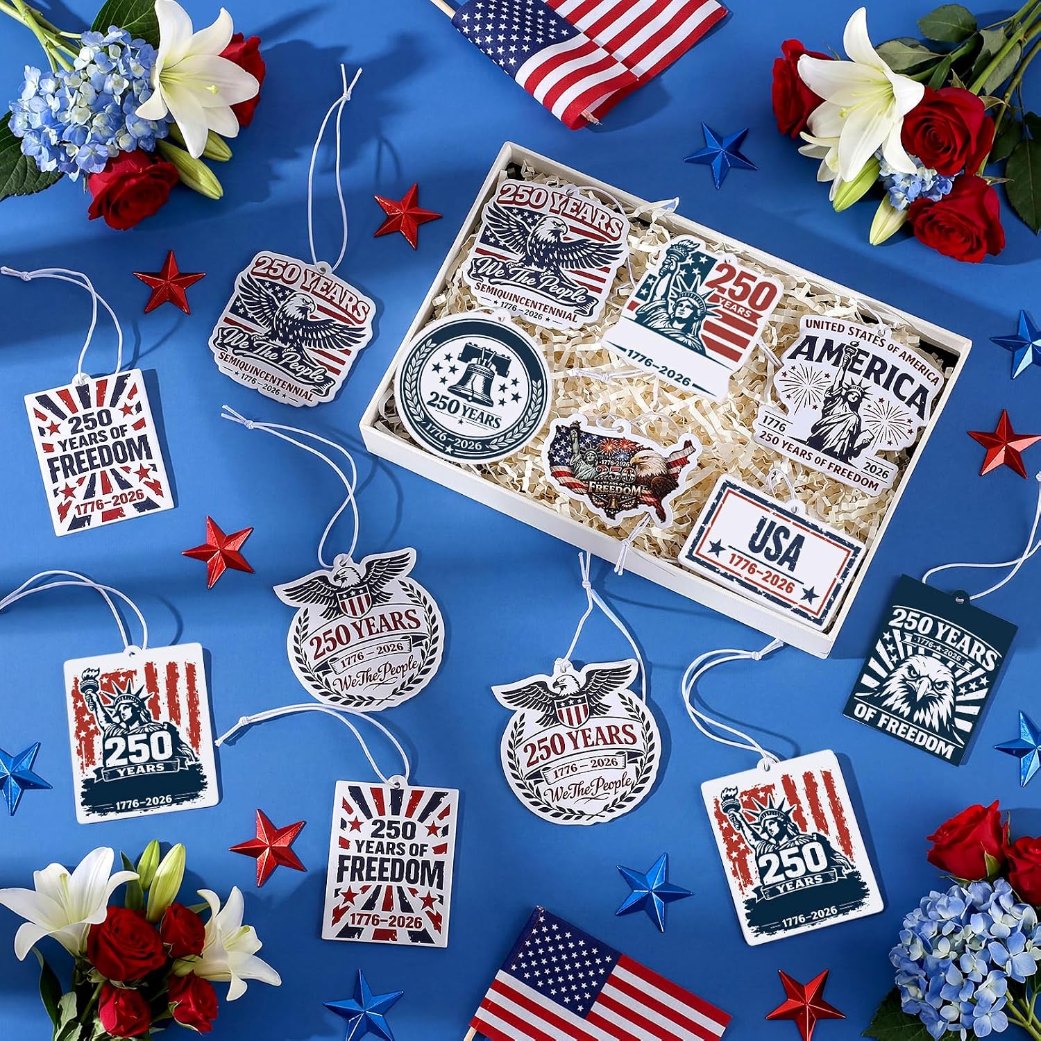 20 Pcs 250th Anniversary USA Car Air Freshener Patriotic Hanging Car Diffuser Ornaments for Cars Rearview Mirror Home Decor Patriots' Day 250th Anniversary Party Gifts