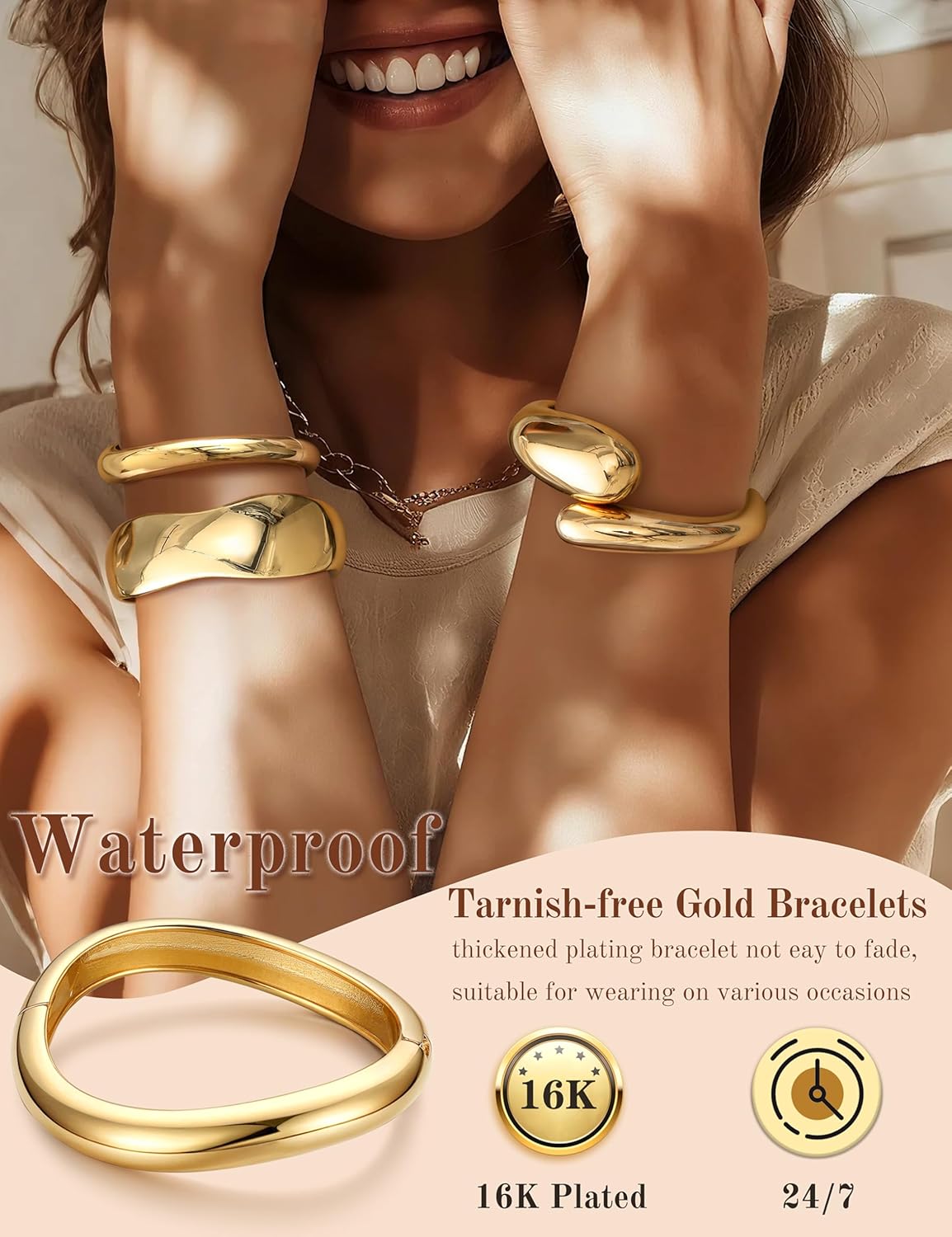 sailimue Chunky Gold Bangles Bracelets for Women - Non Tarnish 16K Gold Plated Cuff Bracelets Stack Hinged Open Bangle Trendy Jewelry Gifts - Image 2