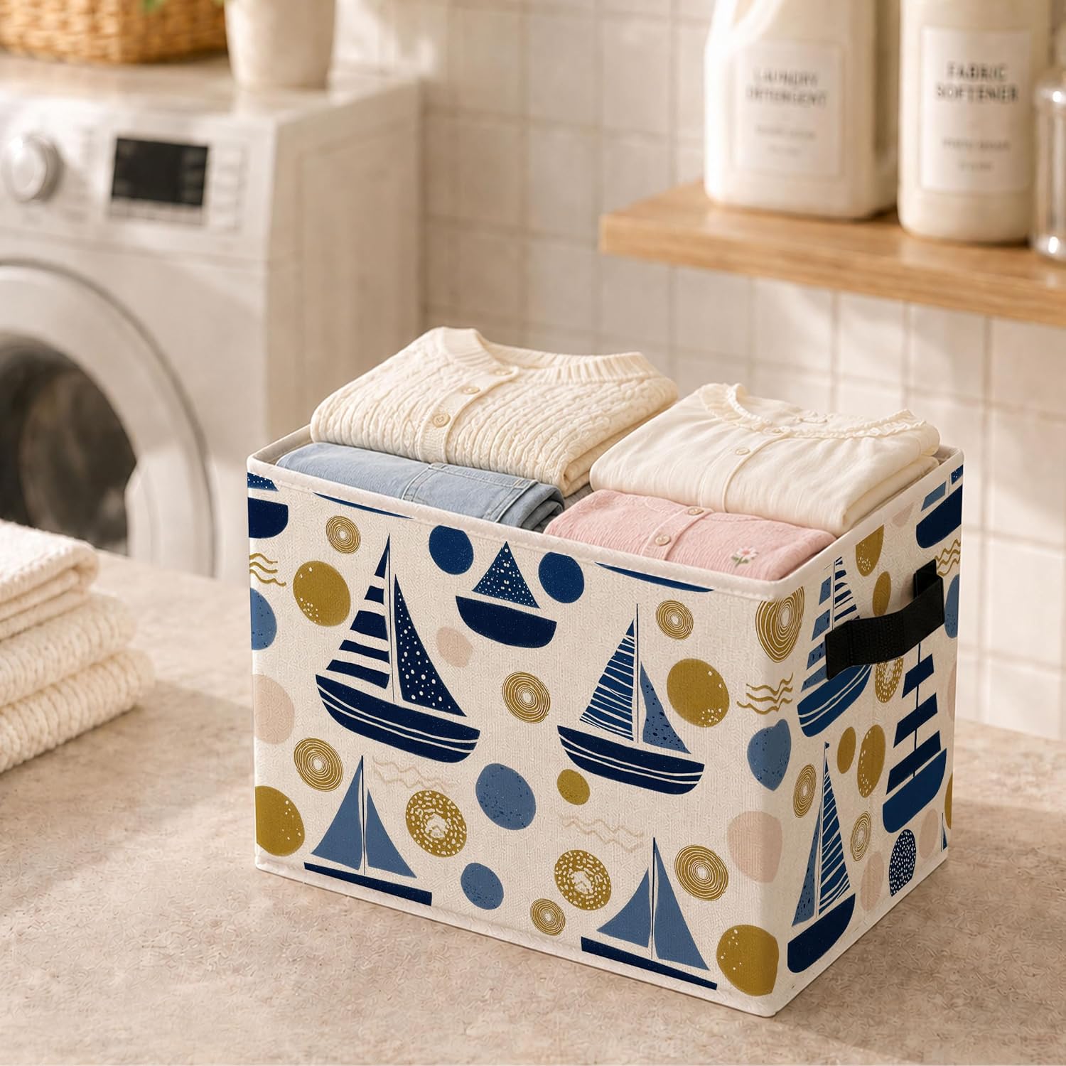 Navy Blue Nautical Sailboat Storage Bins Box, Coastal Beach Ocean Foldable Storage Organizer Basket with Handles for Beach House Bedroom Bathroom Home Clothes Toys Books image 3