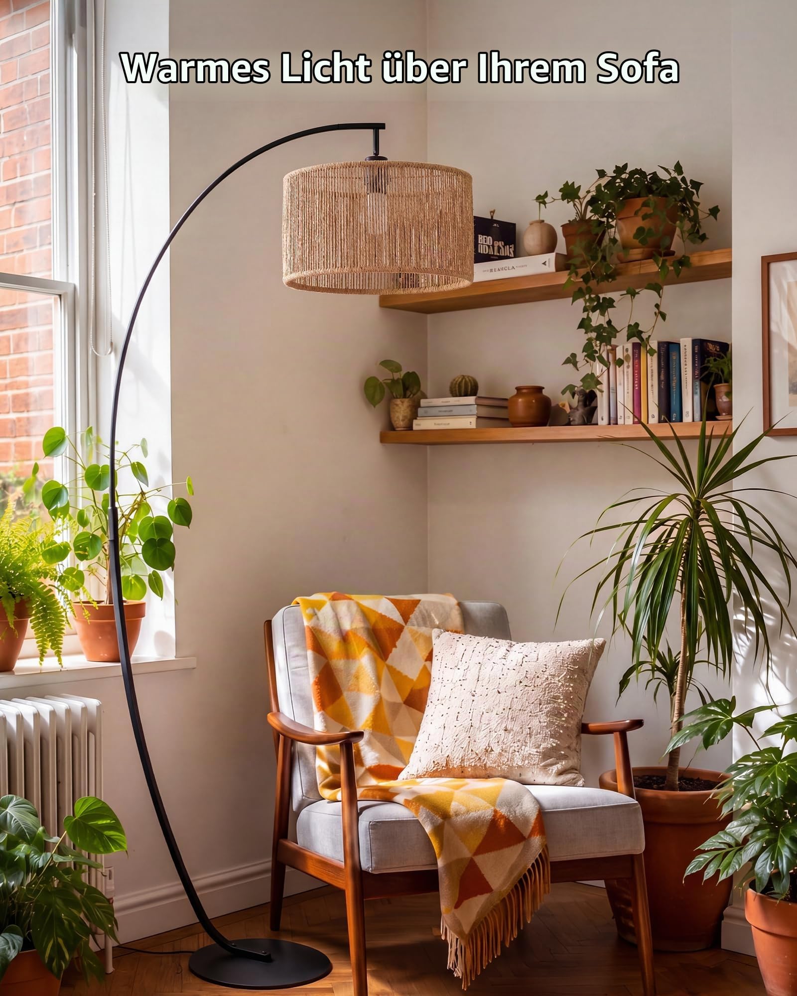 Bogenlampe Rattan, 101cm Ausladung, E27 Stehlampe Boho | Flachrohr Design, H178 cm, drehbar Lampenkopf, Fußschalter und 3 Farbtemperatur für Wohnzimmer Sofa Esstisch OVEL FL22