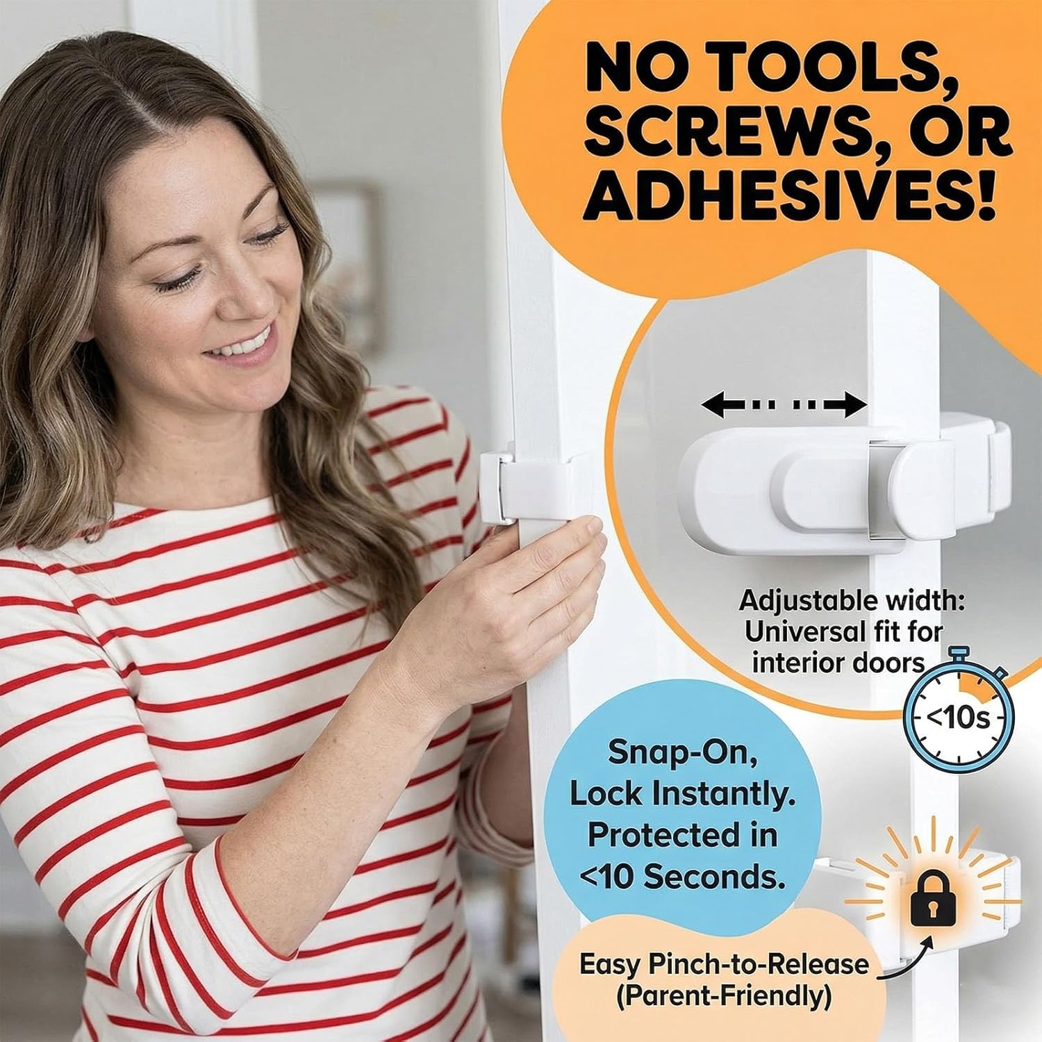 Door Lock, Trovely Child Proof Door Lock, The Snap-On DoorLock Kids Can't Reach or Defeat, No Installation Tools Required, Works with Door Knob, Lever or Handle (1PCS)