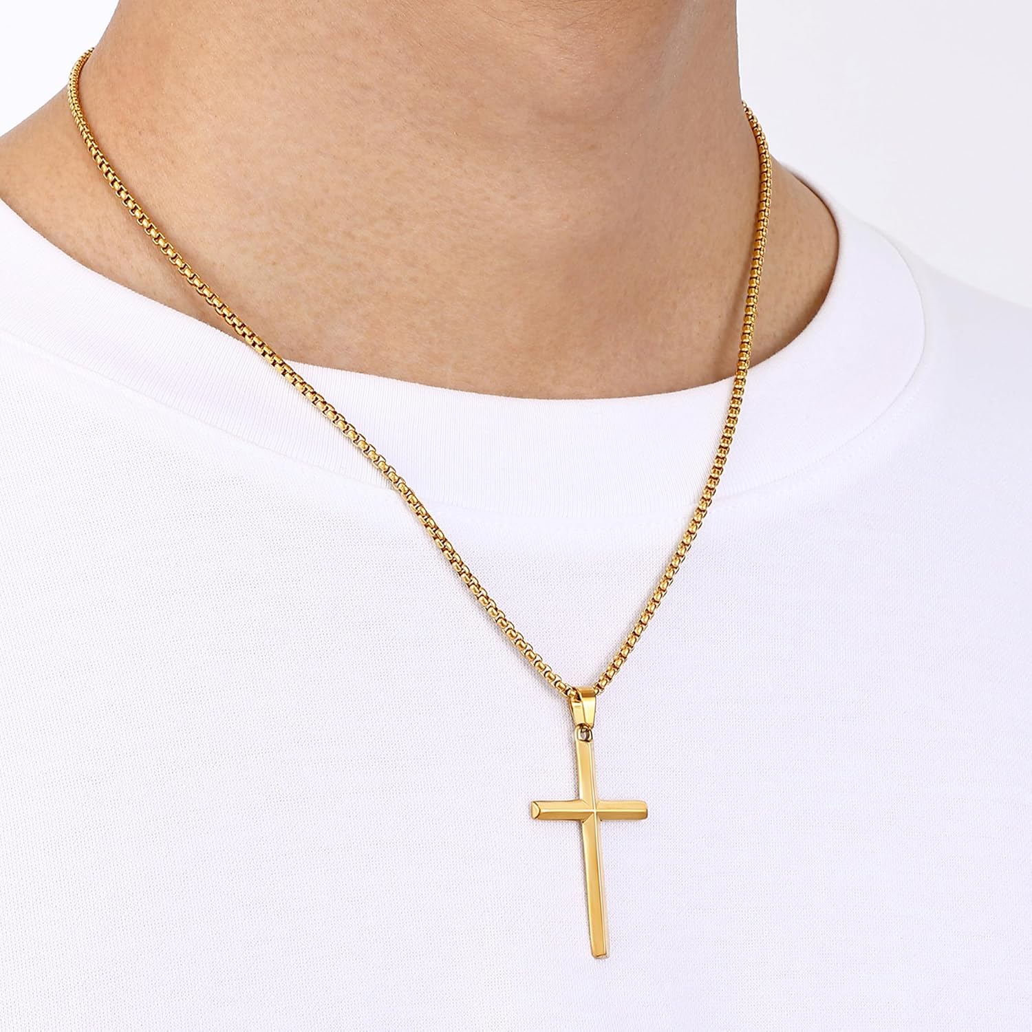 Fiusem Beveled Edge Cross Necklace for Men, Silver Tone/Black/14K Gold Plated Mens Cross Necklace, 2.5MM Stainless Steel Box Chain with Pendant - Image 9