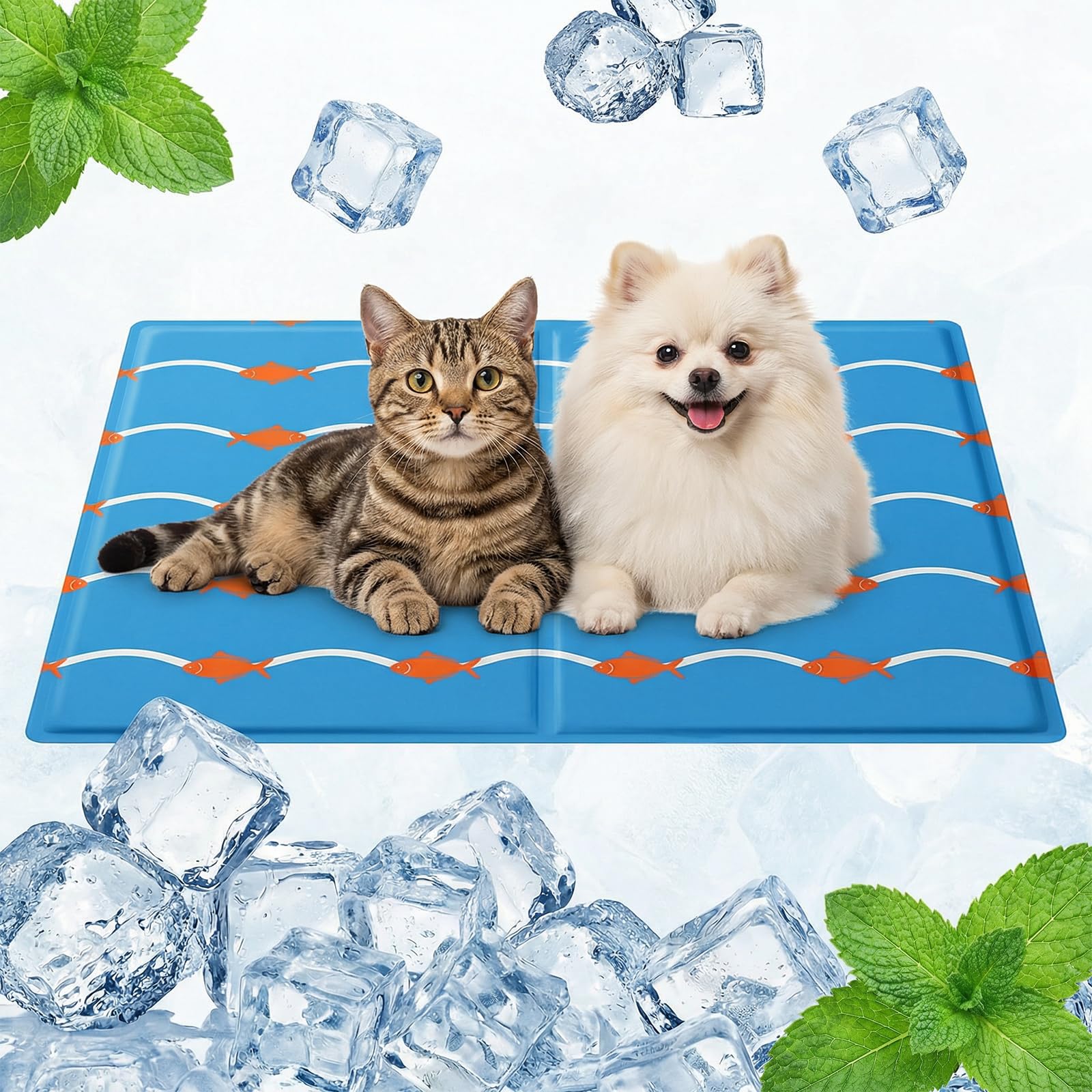 Qoosea Alfombra Refrescante para Perros y Gatos 50x65cm - Diseño Peces y Olas, Colchón Enfriador Autorefrescante, Impermeable y Plegable para Casa Coche y Viajes