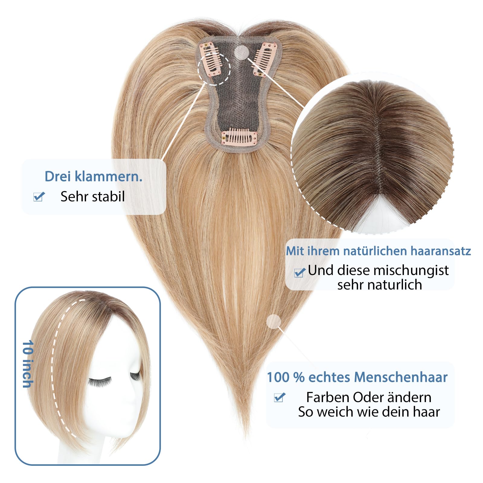 Haar Toppers für Frauen Echthaar Topper Leichtes Toupets für Frauen, 100% handgeknüpfte Toupets Clip in Haarteil für Dünner Haar Oberkopf Flauschiger Glatter Hair Topper ohne Pony(4T10/16#)