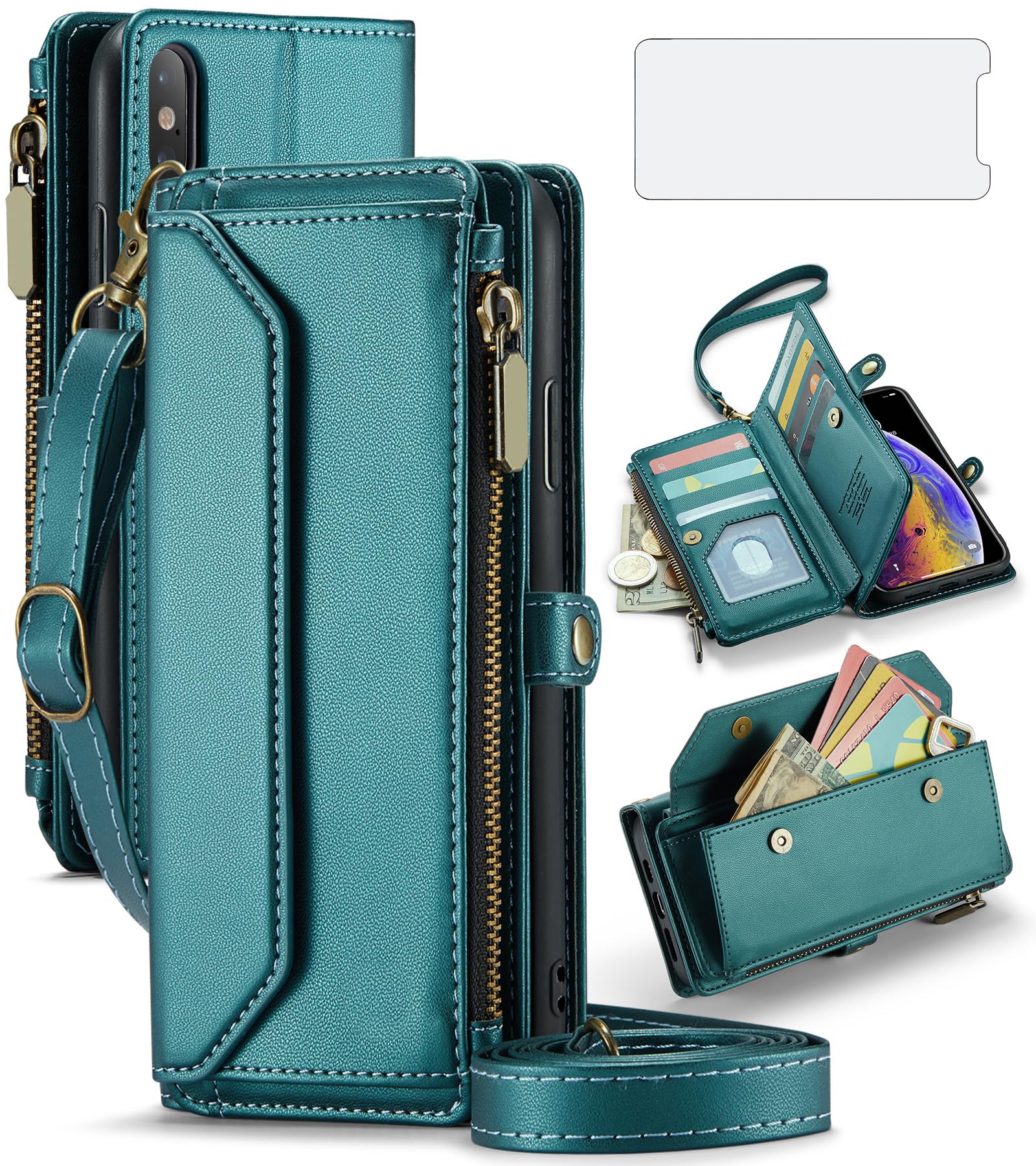 Asuwish Phone Case for iPhone Xs Max Zipper Wallet Cover with Tempered Glass Screen Protector and Flip RFID Blocking Card Holder Cell i X XR Xsmax 10x