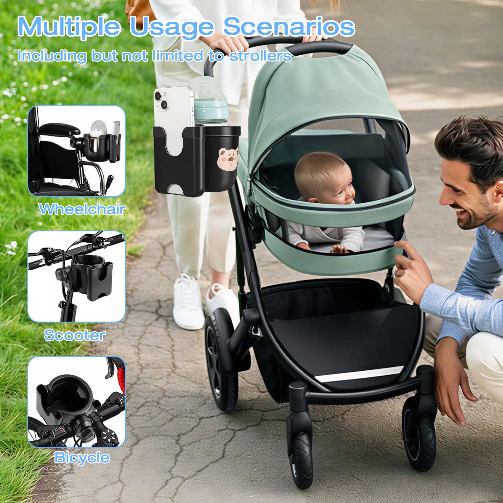 2 in 1 Portabicchieri per Passeggino, Portabicchieri Universale per Passeggino con 2 Ganci per Passeggino,per Bici, Passeggino, Sedia a Rotelle, Deambulatore, Bicicletta