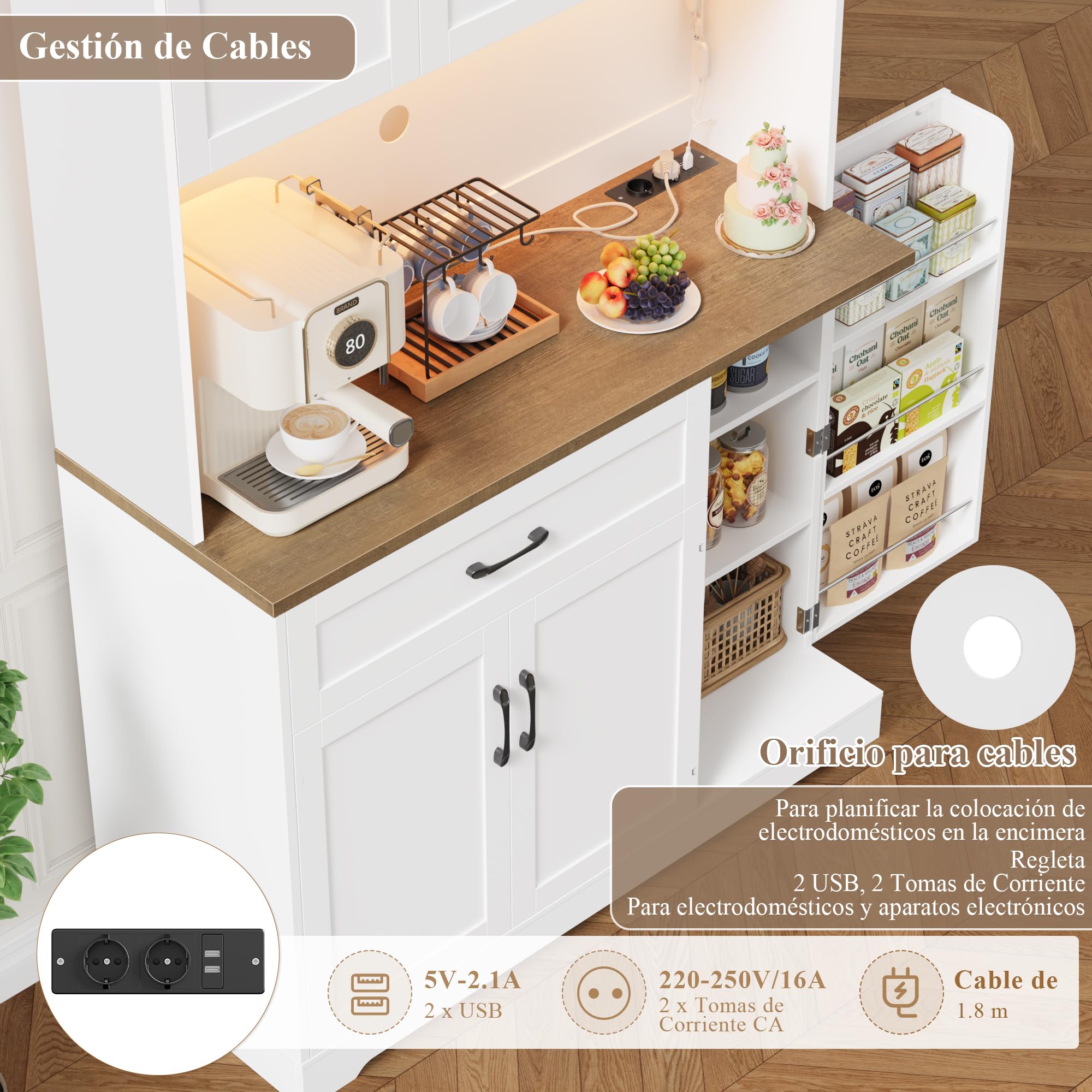 FirFurd Alacena Aparador Cocina Alto, Tira LED, 2 Puertos USB, 2 Enchufes | 5 Puertas,Compartimento Abierto Central,1 Puerta Despensa para Alimentos 3 Cajones para Cocina Comedor Blanco 100x39x181cm