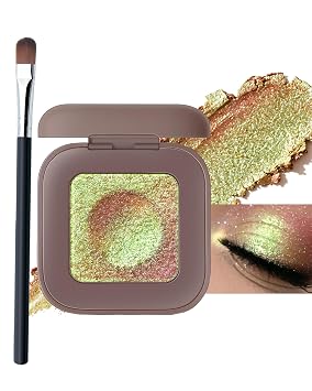 Duochrome Glitter Gold Green Eyeshadow Palette Shimmer Metallic Eye Shadow | Color Shifting Holographic Eyeshadow Face Highlighter,Chameleon Single Powder Eye Shadow Iridescent Brightener Eyes Makeup-04