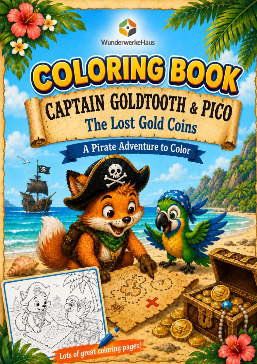 Captain Goldtooth & Pico: The Lost Gold Coins Coloring Book: A Pirate Adventure Coloring Book for Kids with Treasure Maps, Ships, Islands and Hidden Gold Coins