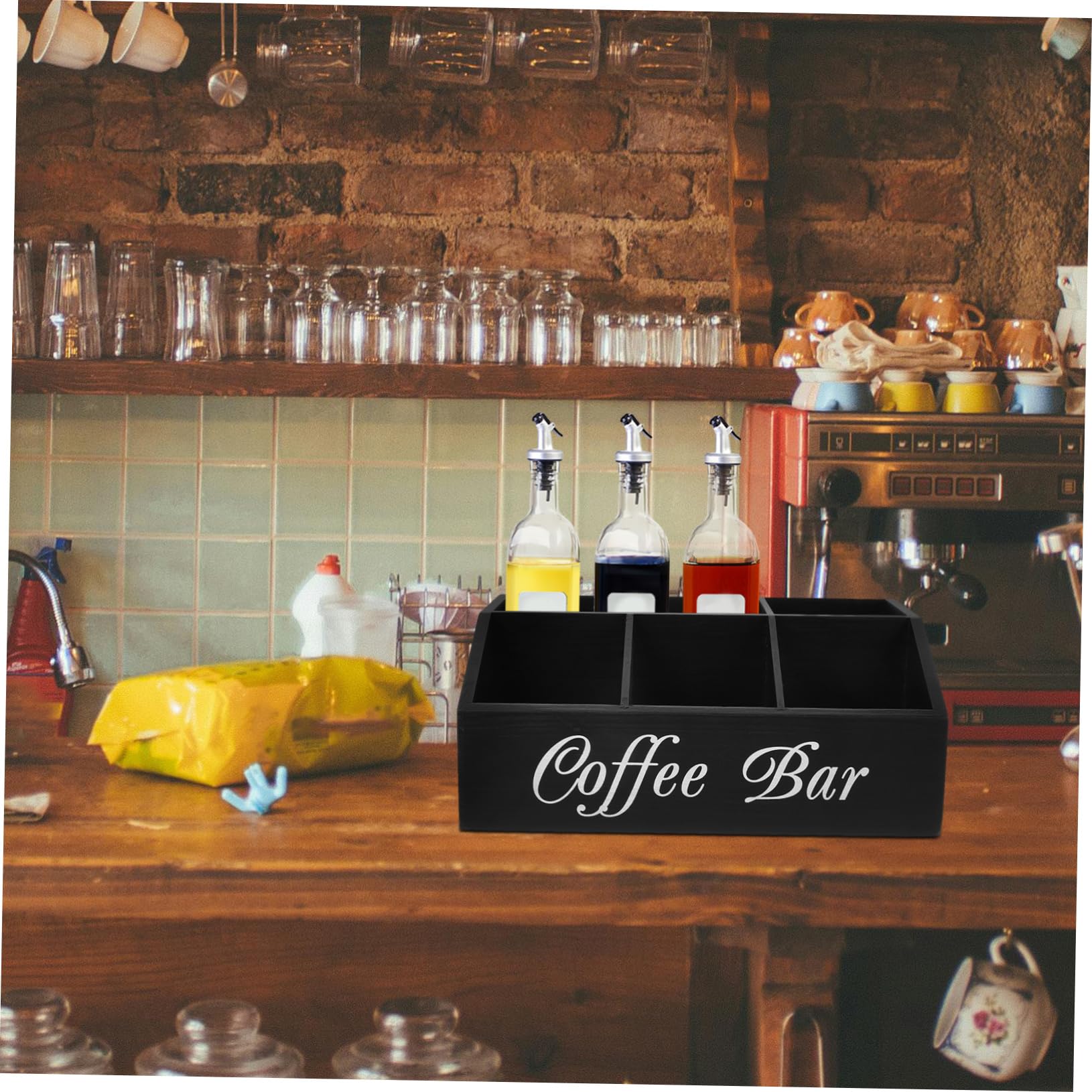 Cabilock Kaffeestation-organizer Aus Holz Multifunktionaler Aufbewahrungsbox Für Arbeitsplatte Kaffeezubehör Organizer Mit Fachdesign Für Zuckerpäckchen Papiertücher Strohhalme Besteck