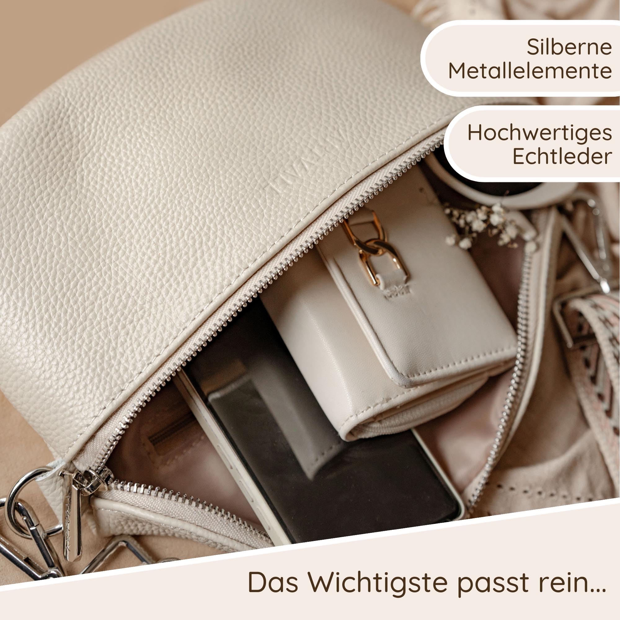 Umhängetasche Echtleder Tasche Handtasche Leder Bauchtasche Klein mit Schultergurt Design Taschenband abnehmbar verstellbares Riemen Crossbody Bag Echt Ledertasche Damen mit Reißverschluss