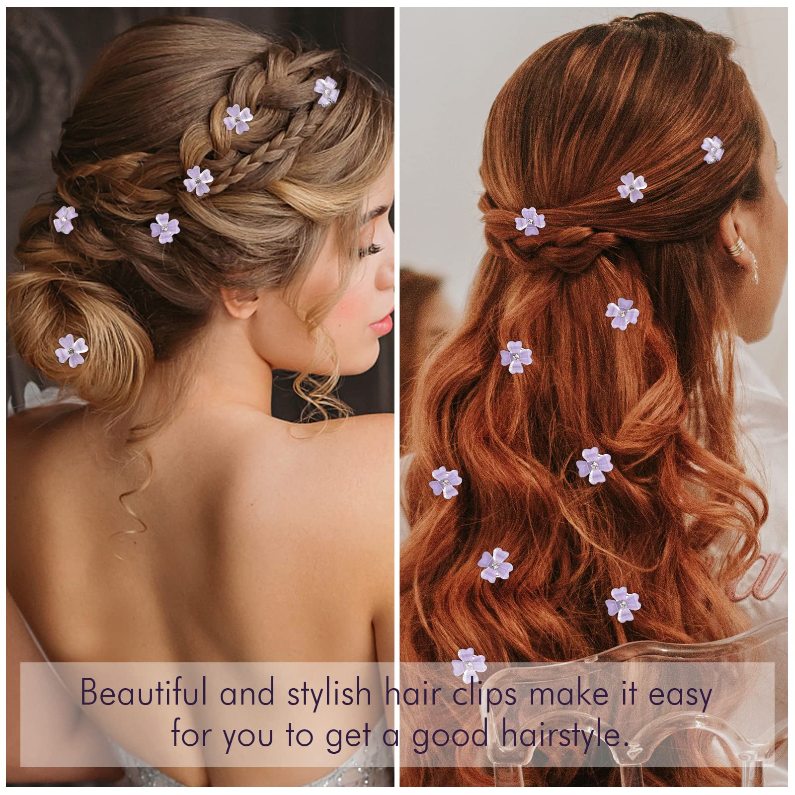 YISSION 20Pcs Mini Purple Flower Hair Clips with Rhinestone Cute Hair Pins Decorative Hair Clips Wedding Hair Barrettes Bridal Hair Accessories for Girls Women