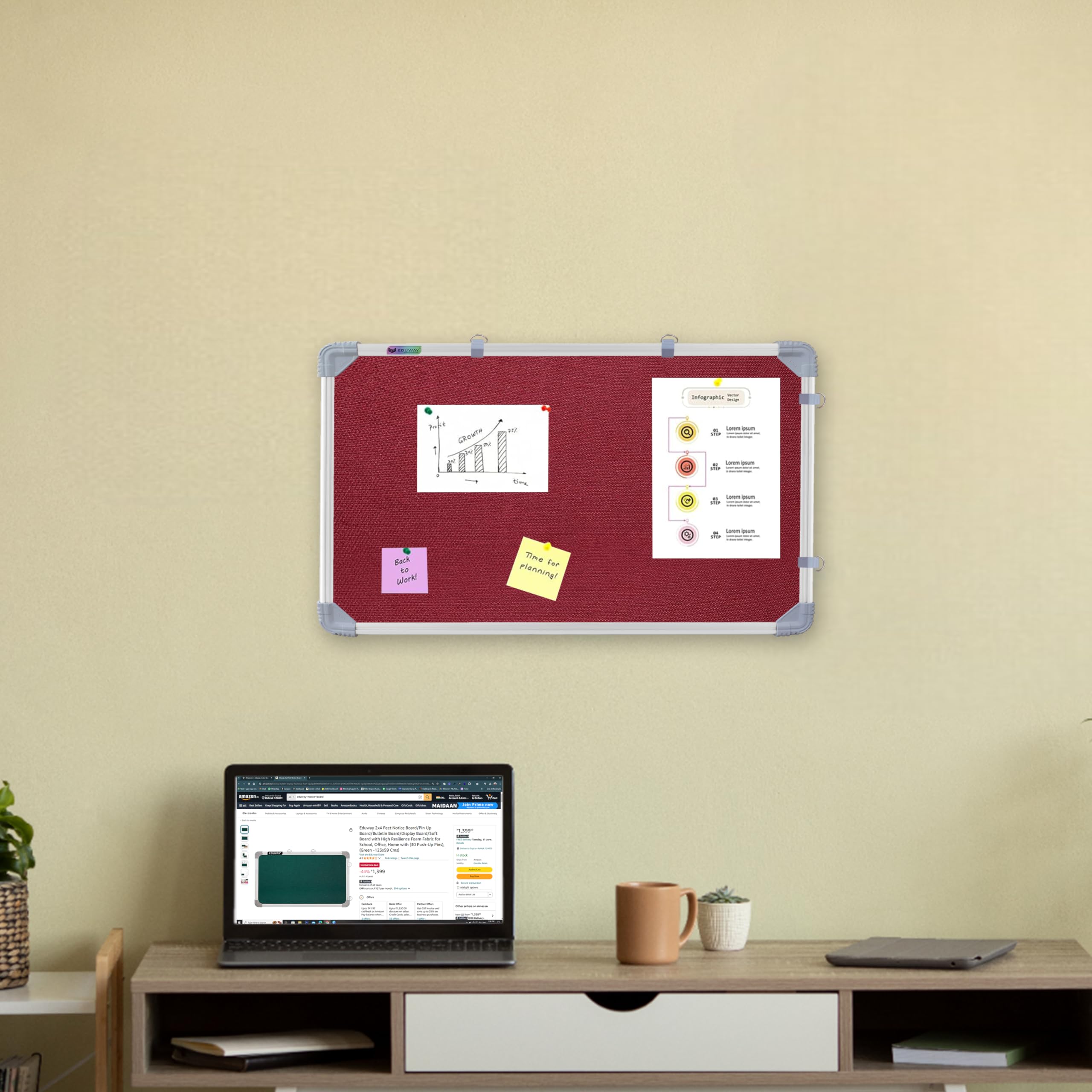 Eduway 2x1 Feet Notice Board/Pin Up Board/Bulletin Board/Display Board/Soft Board with High Resilience Foam Fabric for School, Office, Home with (20 Push-Up Pins)` (Maroon - 59x29 Cms)-image-13