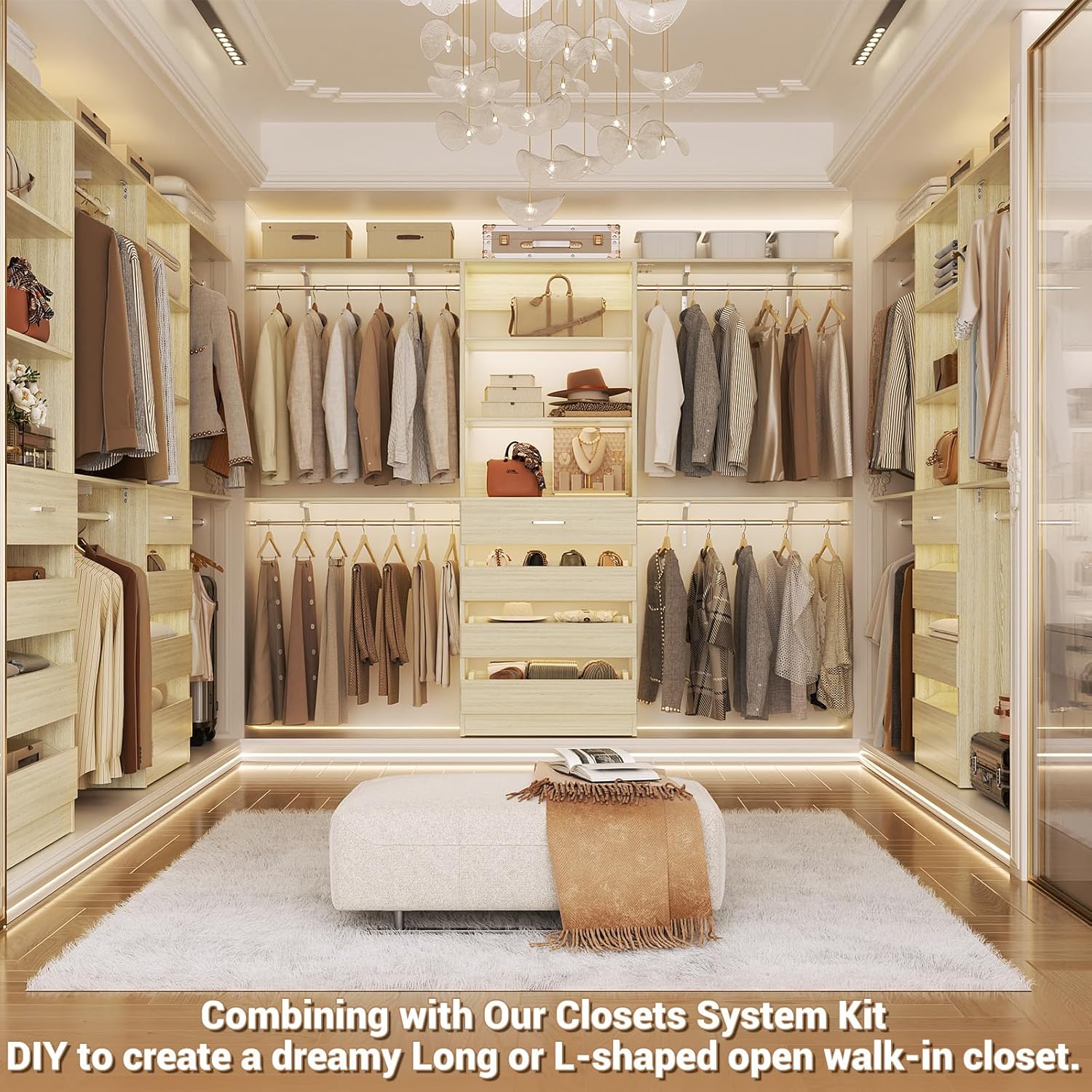Aheaplus Closet System with Drawers Set of 2, Wood Closet Organizer System with 8 Hanging Rods & Top Shelves, Walk-in Closets Organizer Wardrobe Clothes Rack, Cut Fits Spaces 4-9FT. Wide, White Oak